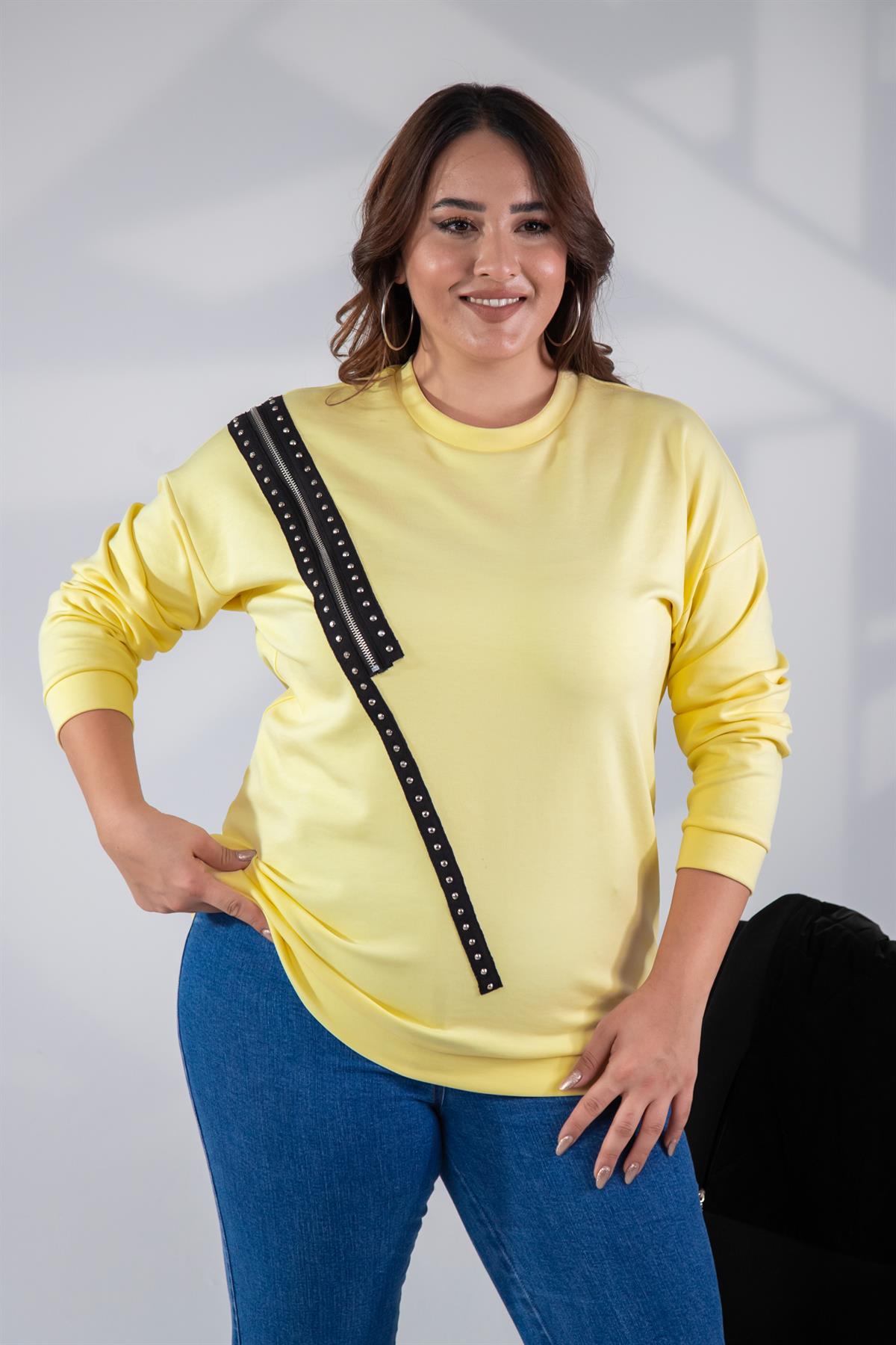 Büyük Beden 1222421 Fermuarlı Şertili Sweat  Sarı