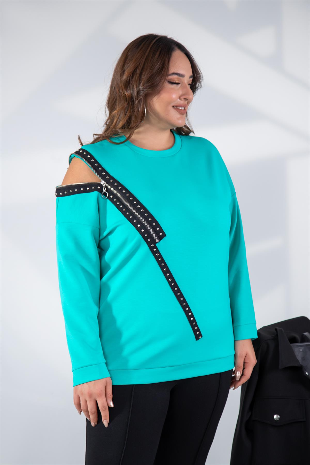 Büyük Beden 1222421 Fermuarlı Şertili Sweat  Turkuaz