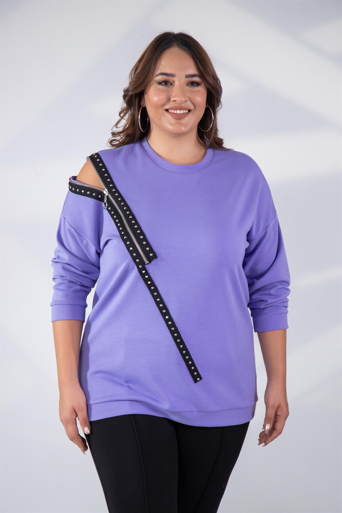 Büyük Beden 1222421 Fermuarlı Şertili Sweat  Lila