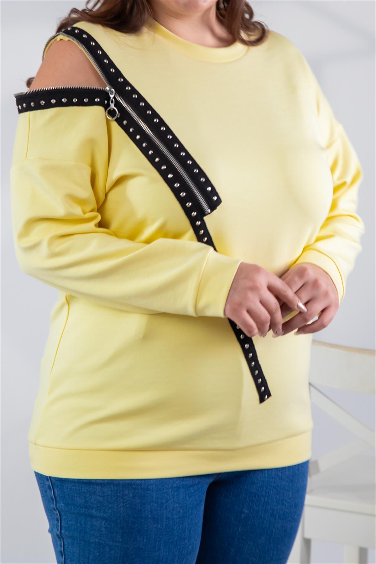 Büyük Beden 1222421 Fermuarlı Şertili Sweat  Sarı