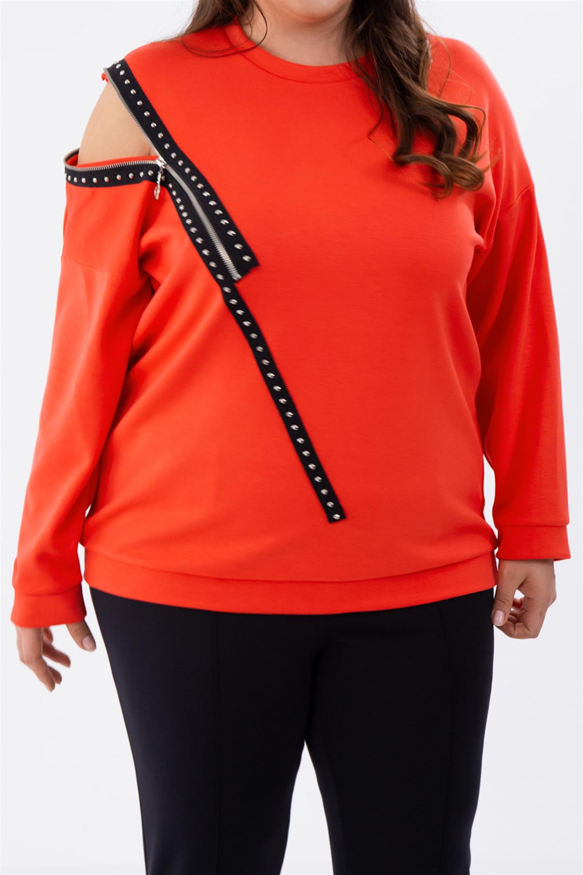 Büyük Beden 1222421 Fermuarlı Şertili Sweat  Kırmızı