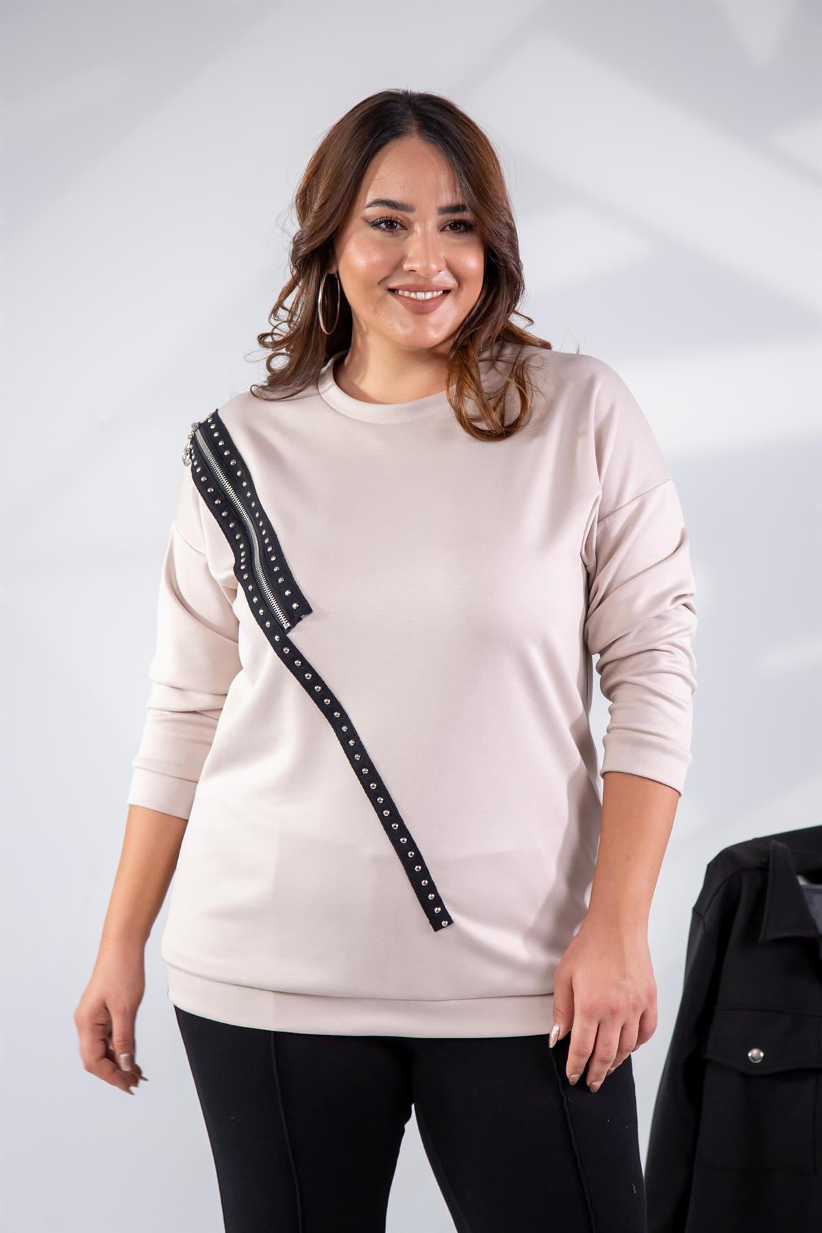 Büyük Beden 1222421 Fermuarlı Şertili Sweat  Bej