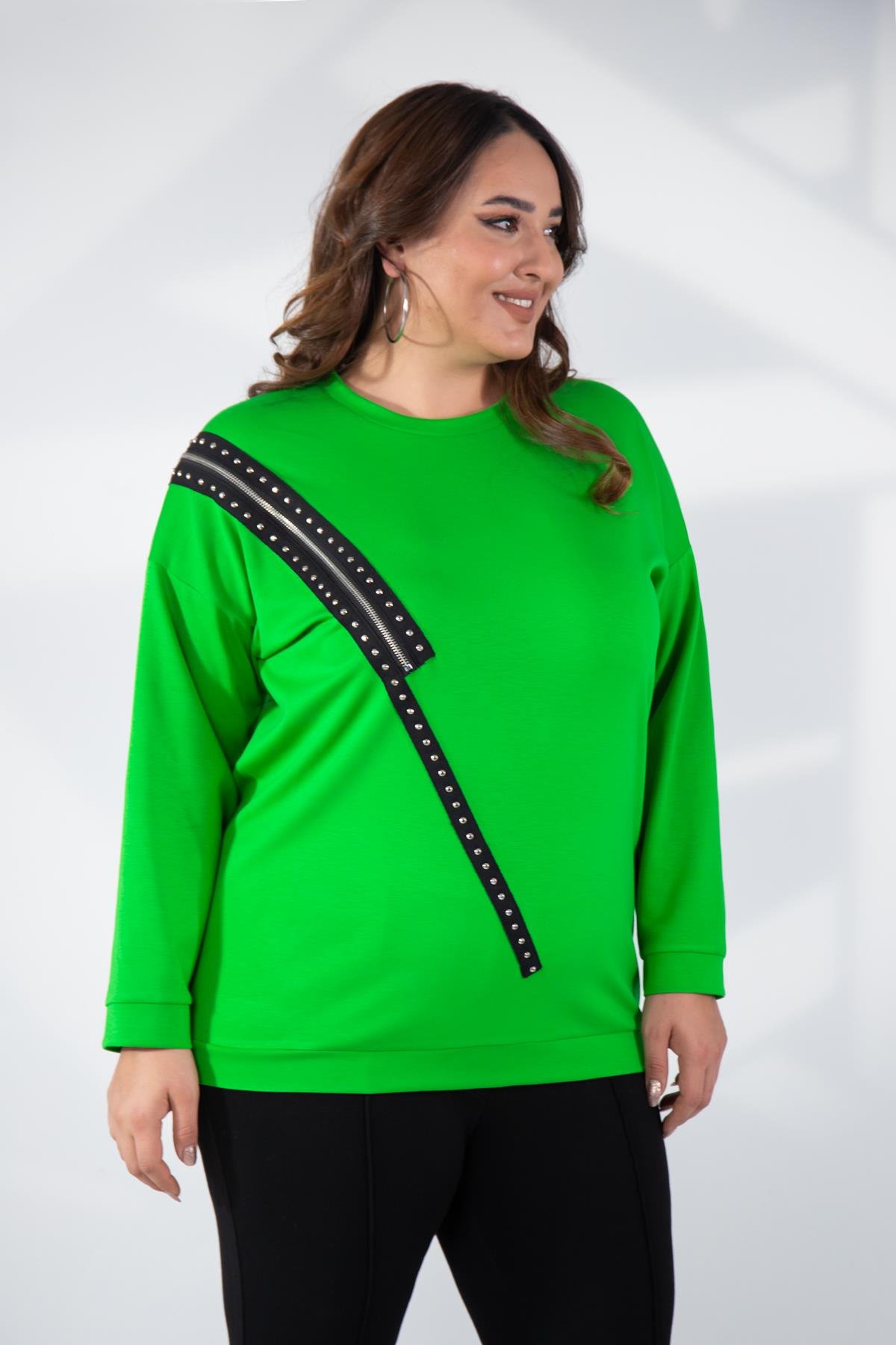 Büyük Beden 1222421 Fermuarlı Şertili Sweat  Yeşil