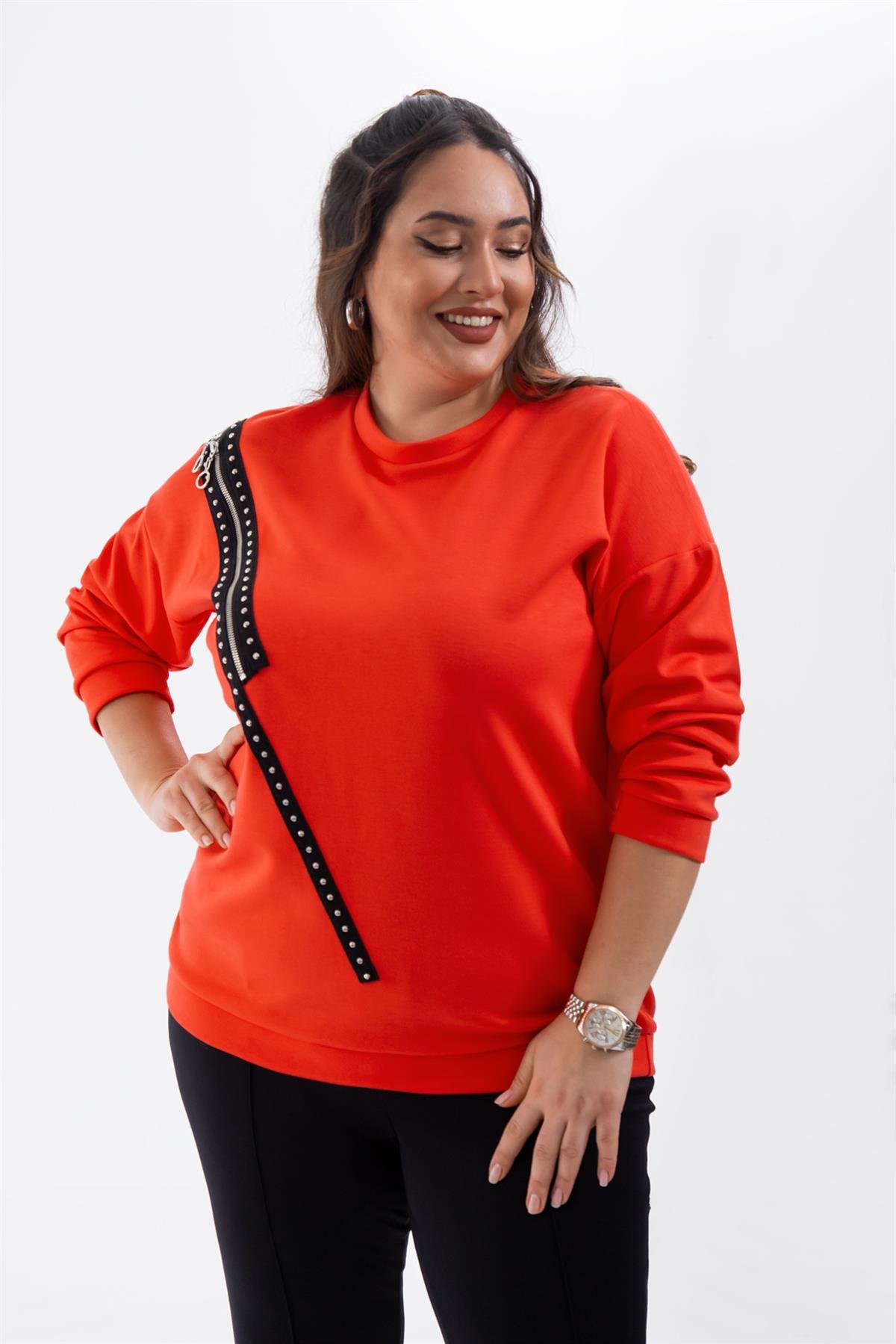 Büyük Beden 1222421 Fermuarlı Şertili Sweat  Kırmızı