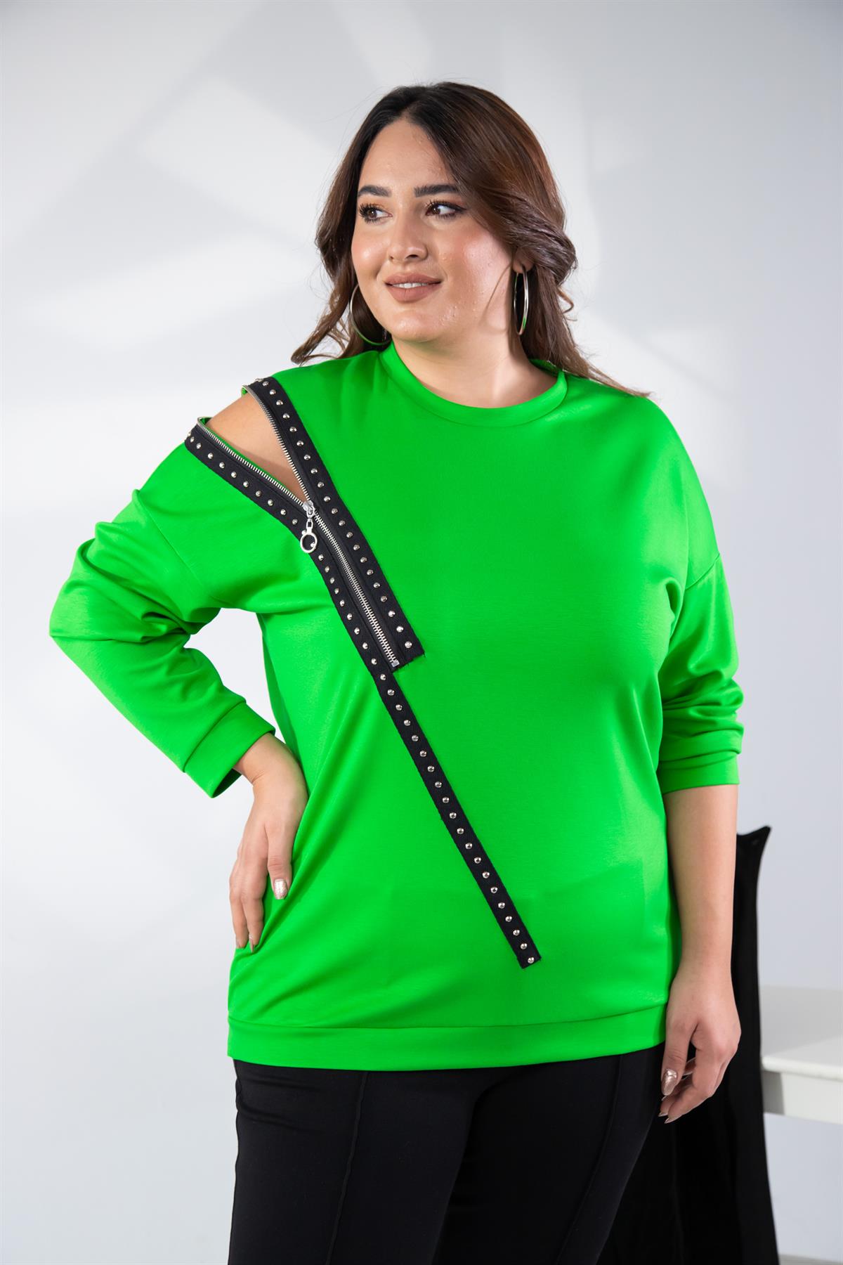 Büyük Beden 1222421 Fermuarlı Şertili Sweat  Yeşil