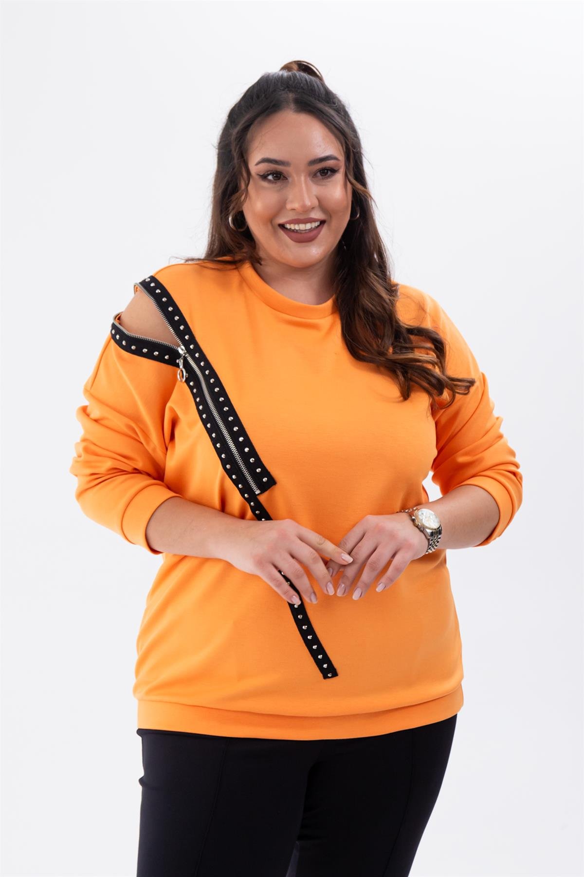 Büyük Beden 1222421 Fermuarlı Şertili Sweat  Oranj