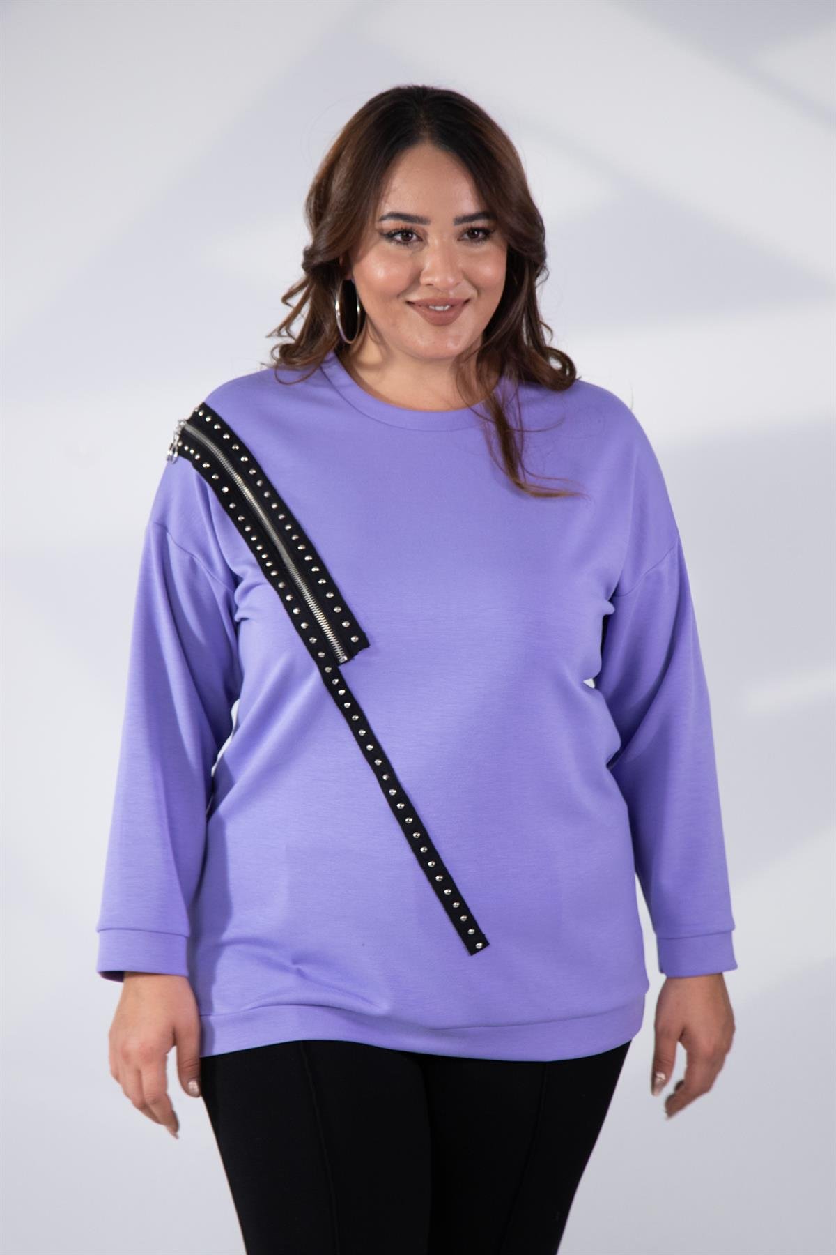 Büyük Beden 1222421 Fermuarlı Şertili Sweat  Lila