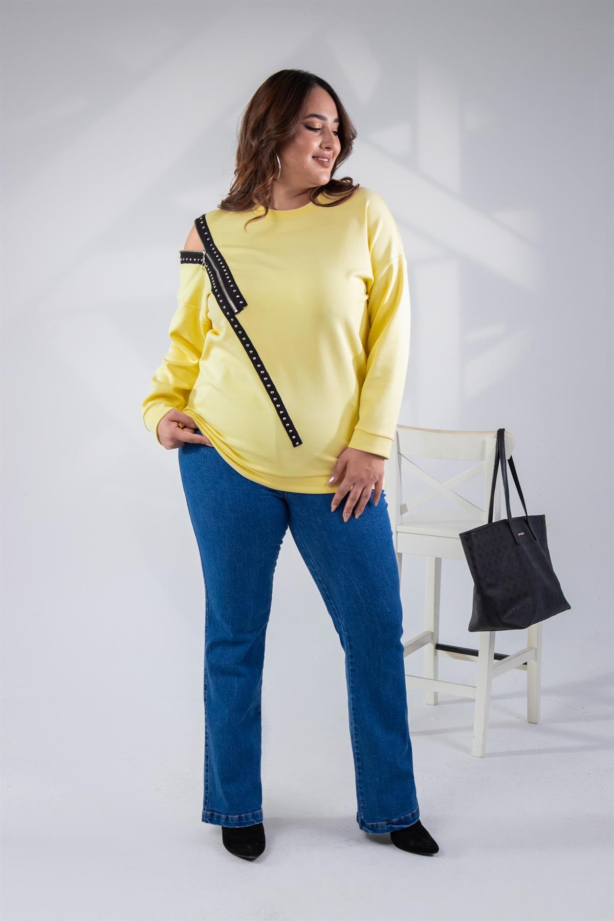 Büyük Beden 1222421 Fermuarlı Şertili Sweat  Sarı