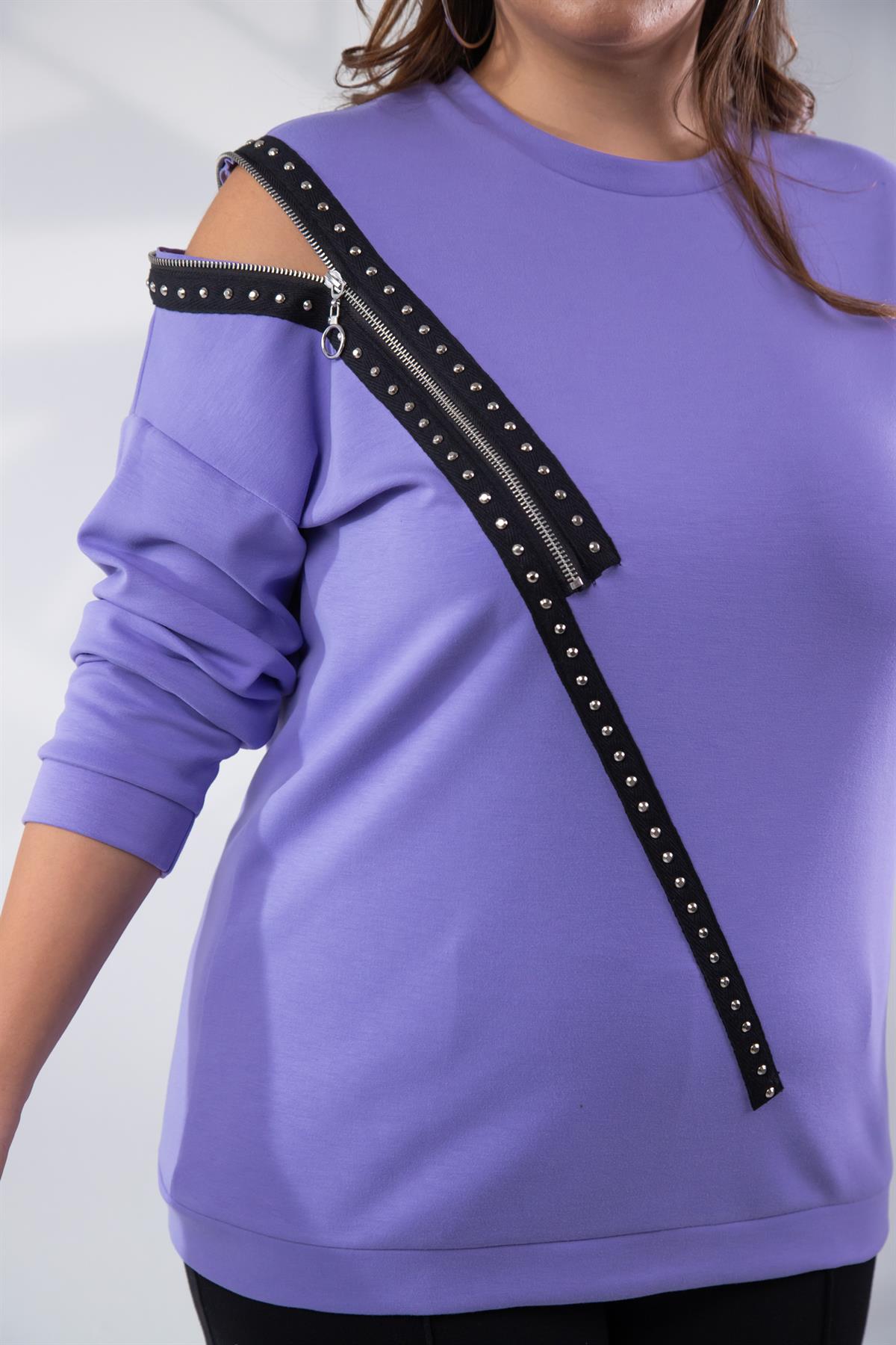 Büyük Beden 1222421 Fermuarlı Şertili Sweat  Lila