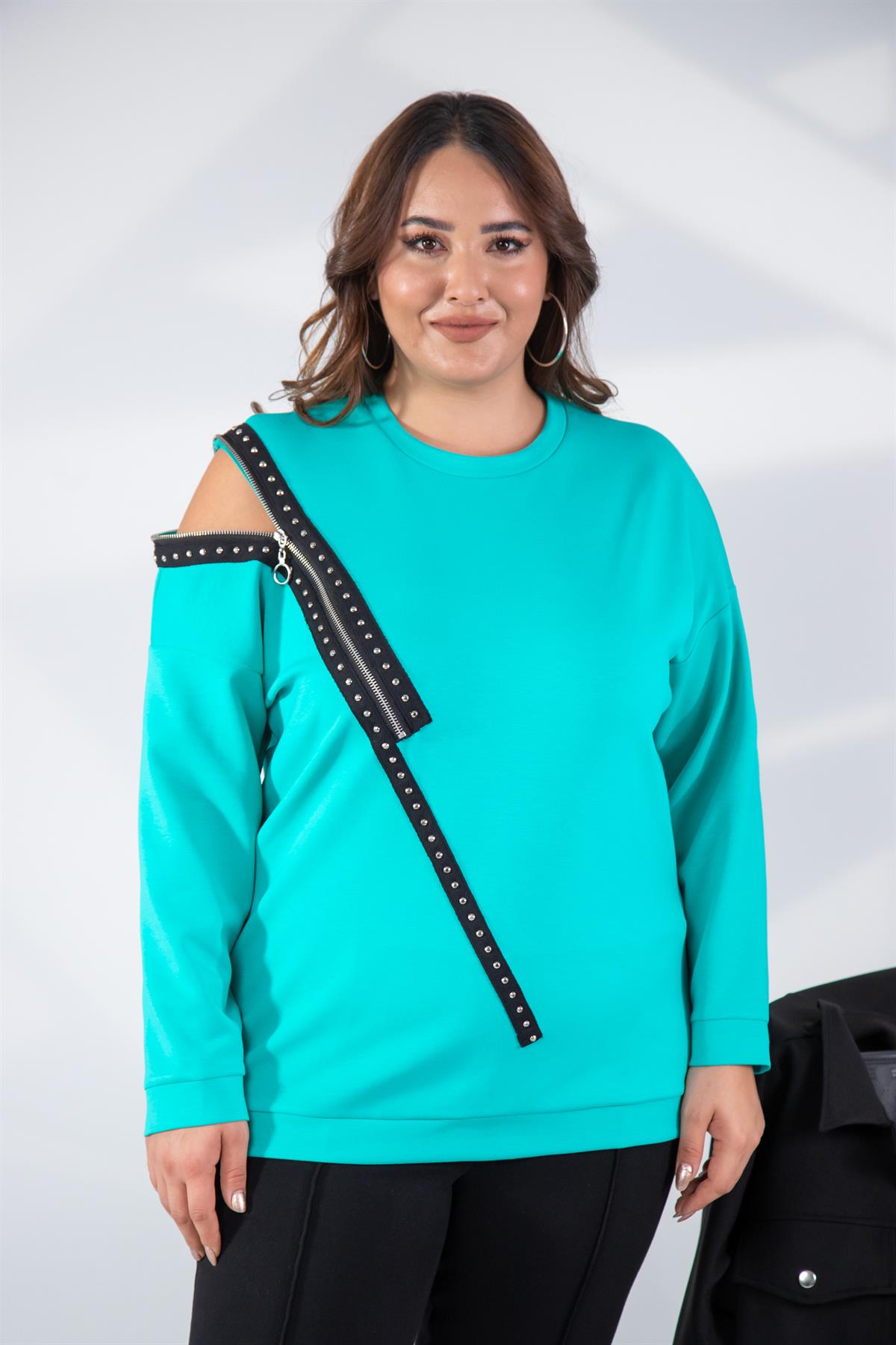 Büyük Beden 1222421 Fermuarlı Şertili Sweat  Turkuaz