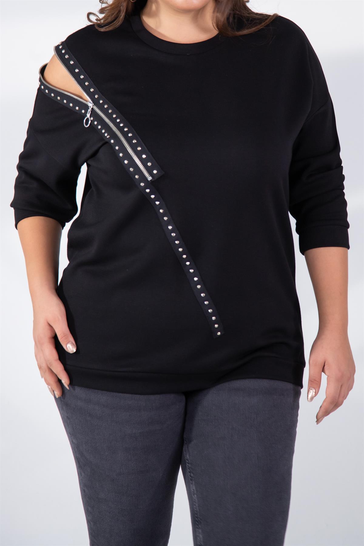 Büyük Beden 1222421 Fermuarlı Şertili Sweat  Siyah