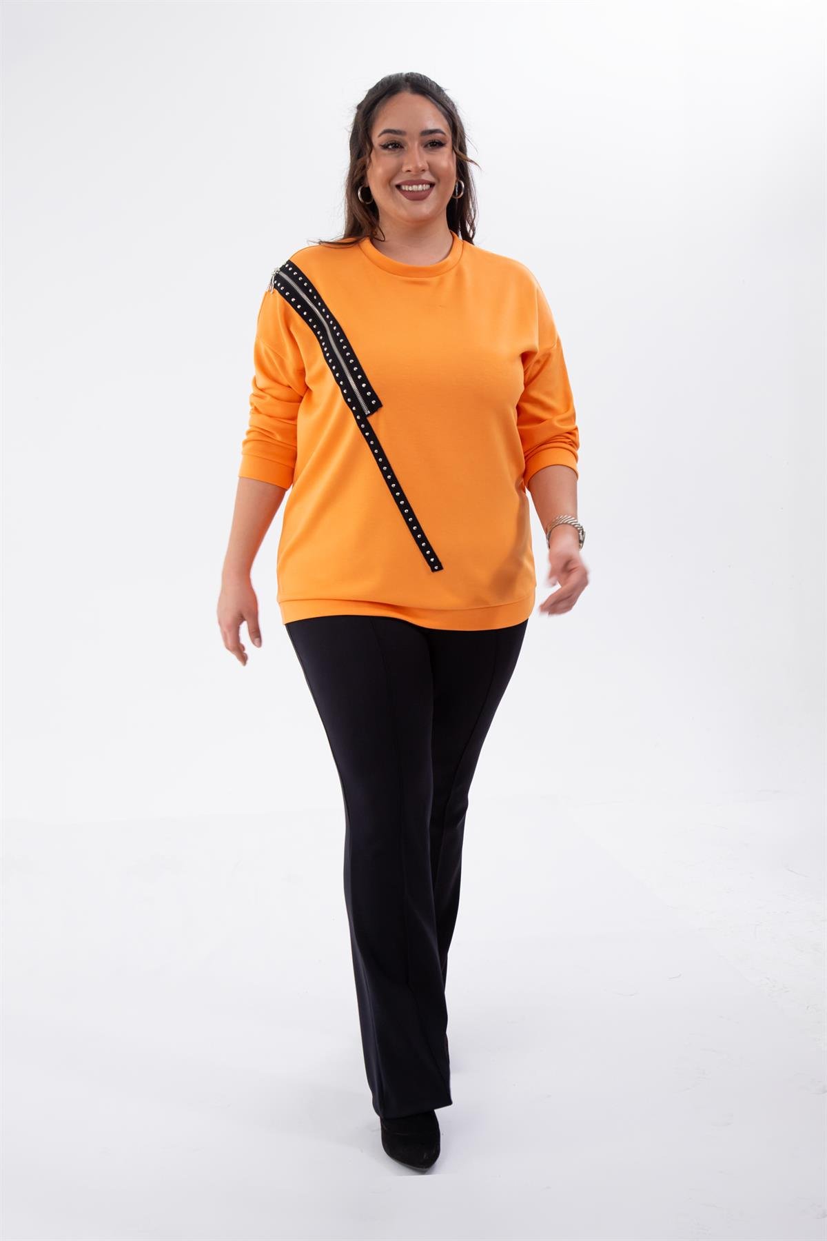 Büyük Beden 1222421 Fermuarlı Şertili Sweat  Oranj