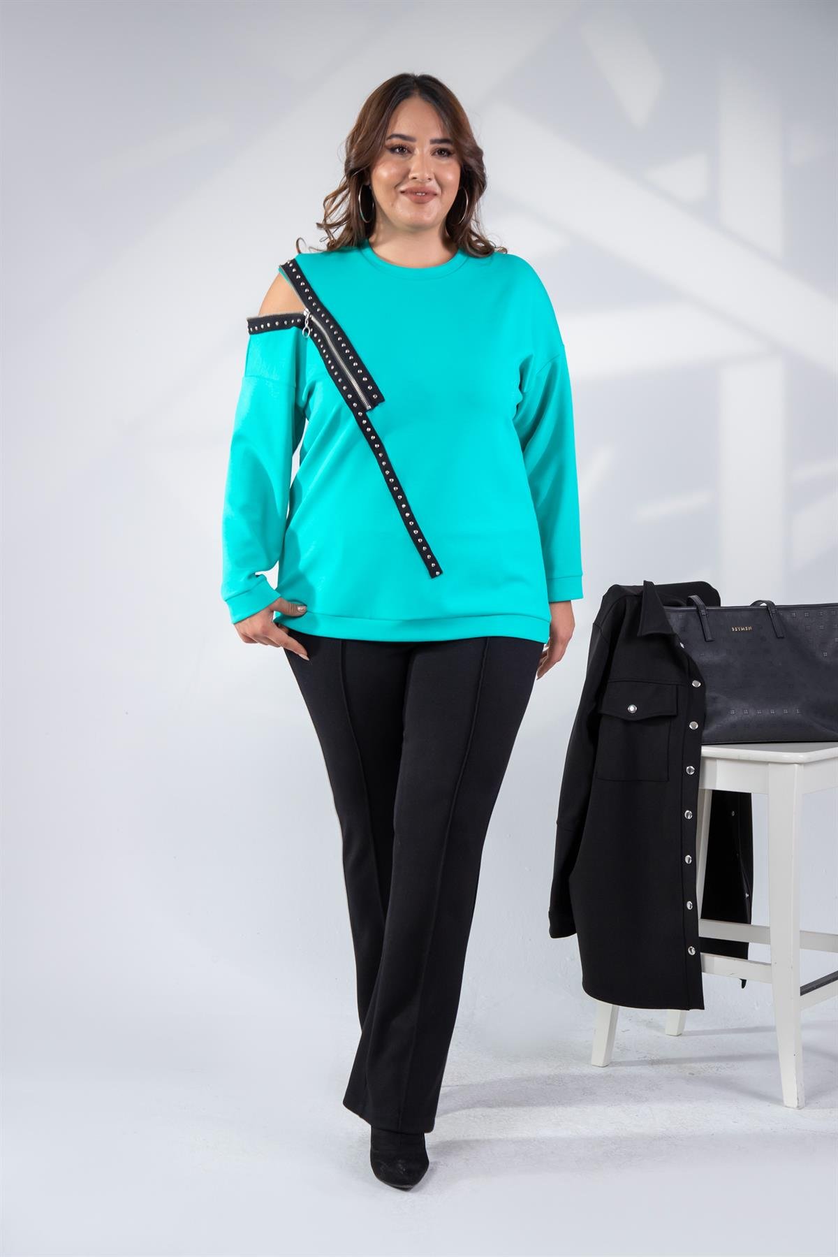 Büyük Beden 1222421 Fermuarlı Şertili Sweat  Turkuaz