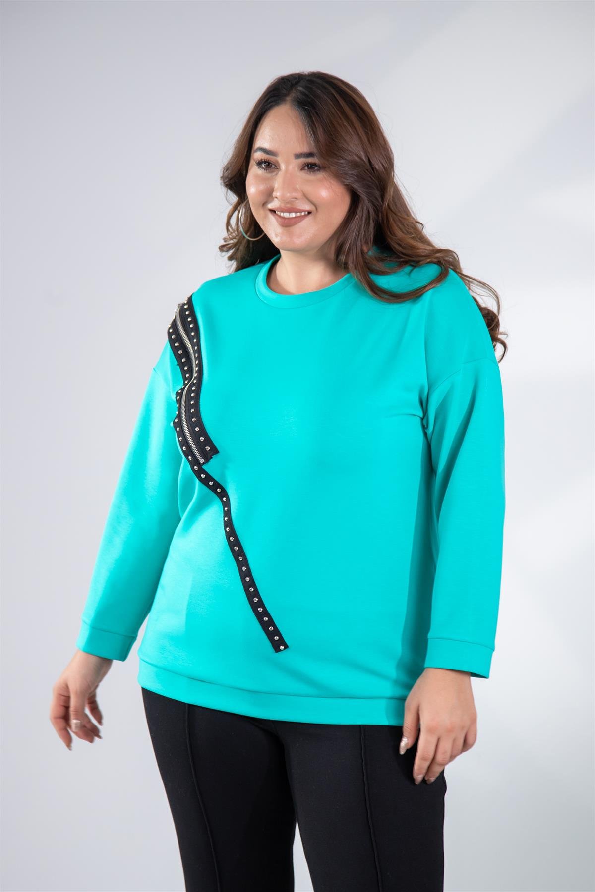 Büyük Beden 1222421 Fermuarlı Şertili Sweat  Turkuaz