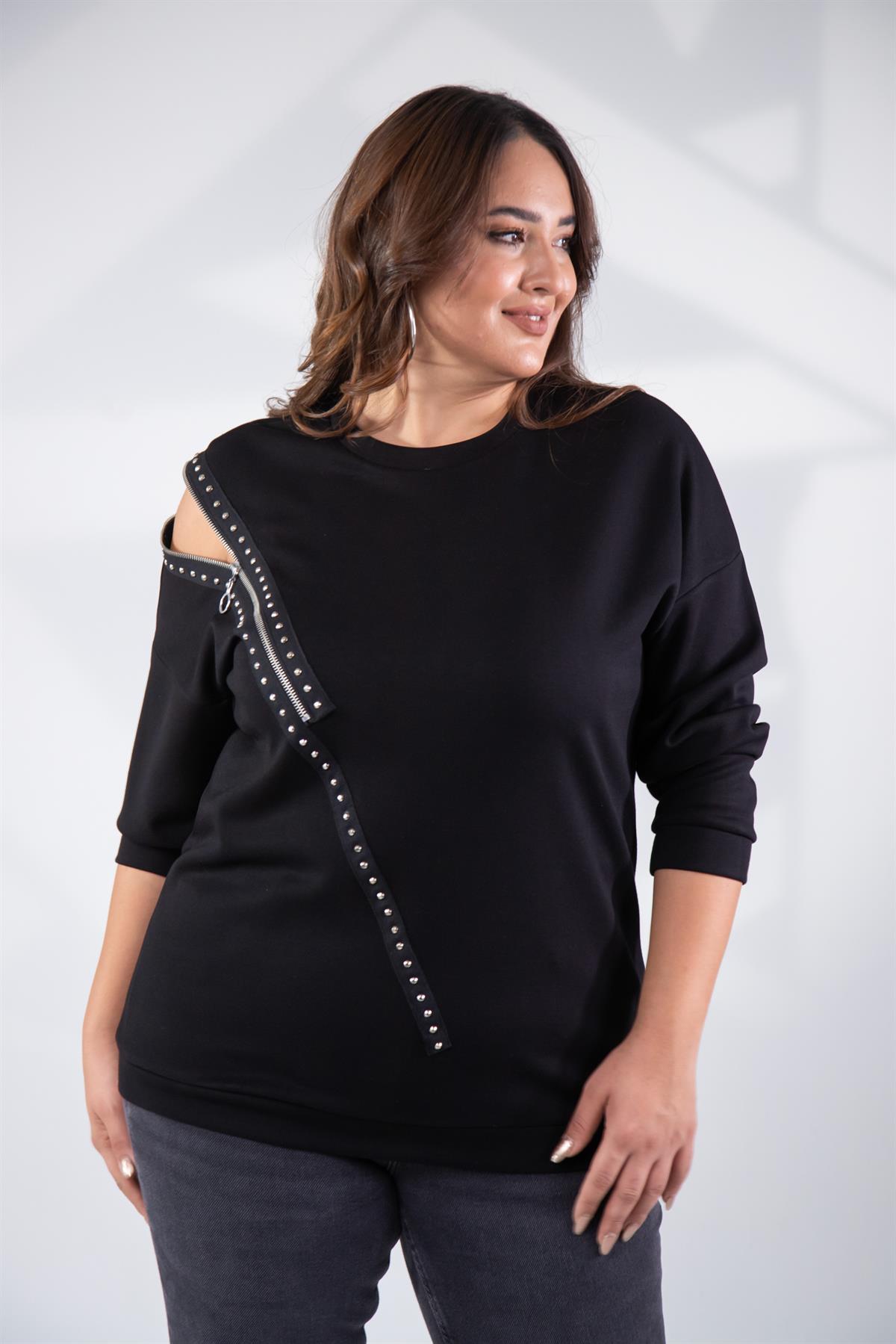 Büyük Beden 1222421 Fermuarlı Şertili Sweat  Siyah