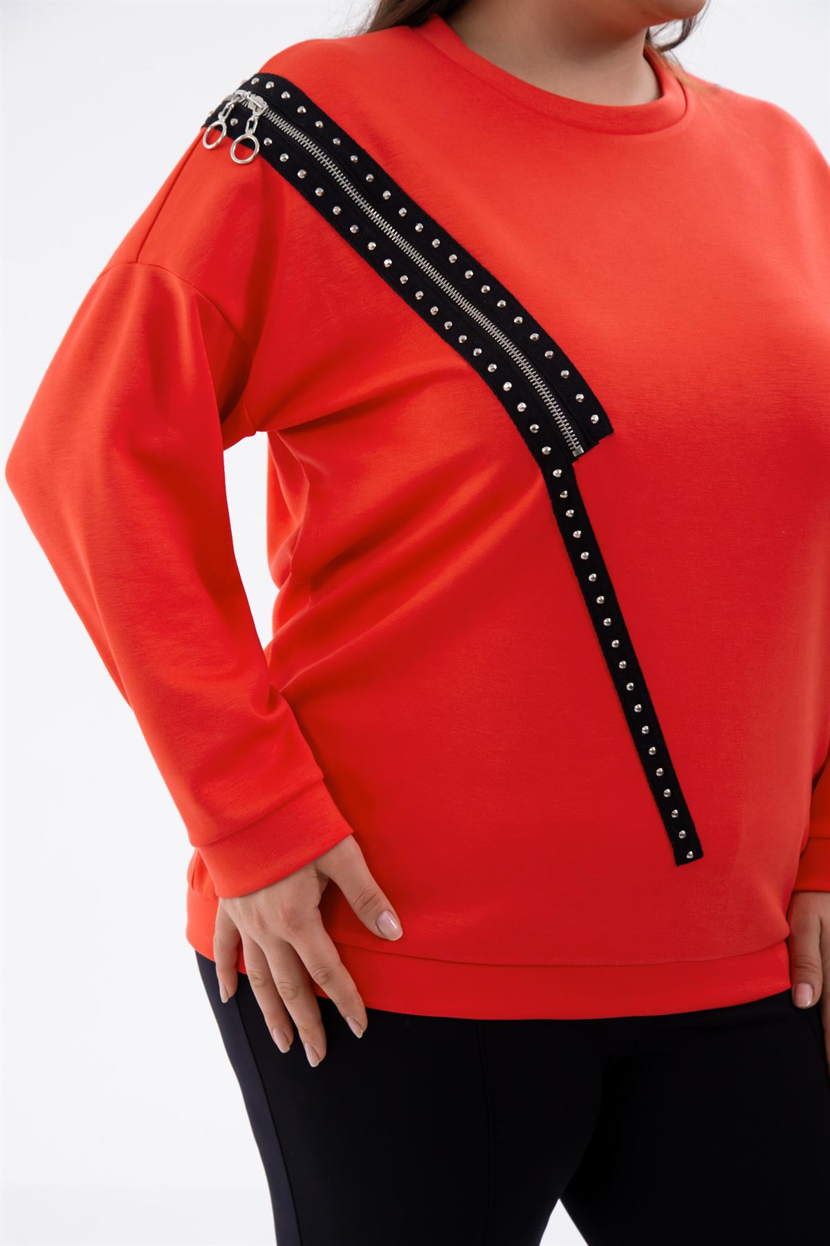 Büyük Beden 1222421 Fermuarlı Şertili Sweat  Kırmızı