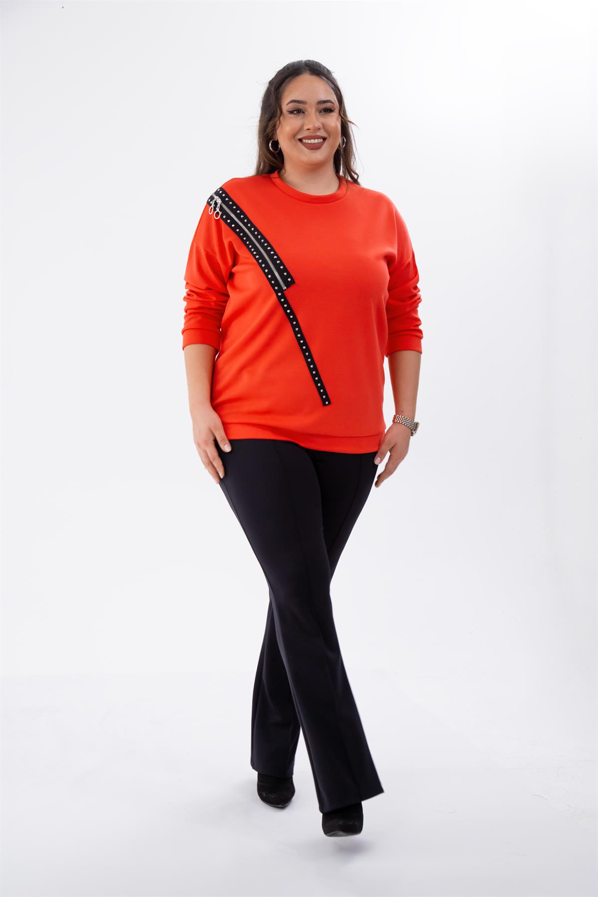 Büyük Beden 1222421 Fermuarlı Şertili Sweat  Kırmızı