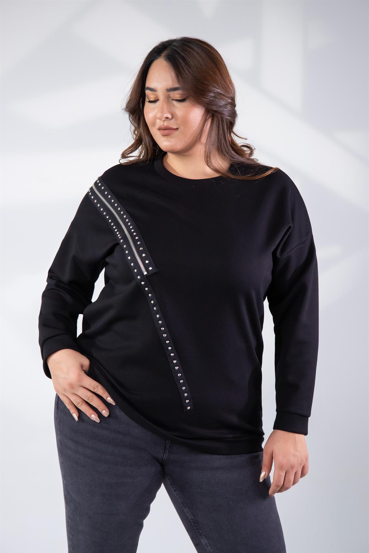 Büyük Beden 1222421 Fermuarlı Şertili Sweat  Siyah