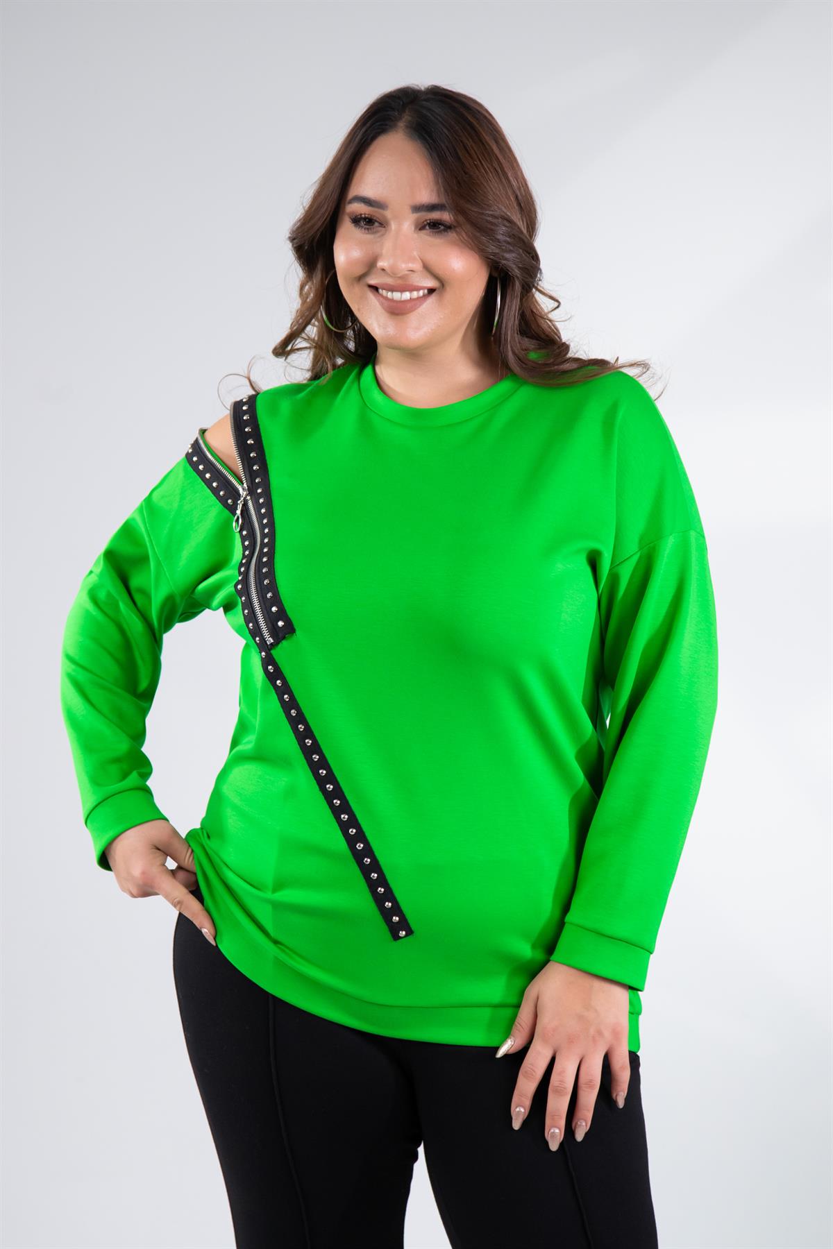 Büyük Beden 1222421 Fermuarlı Şertili Sweat  Yeşil