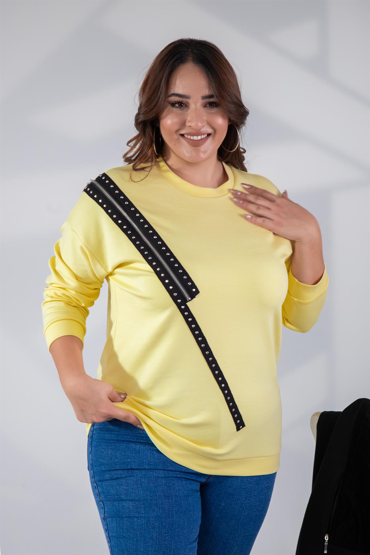 Büyük Beden 1222421 Fermuarlı Şertili Sweat  Sarı