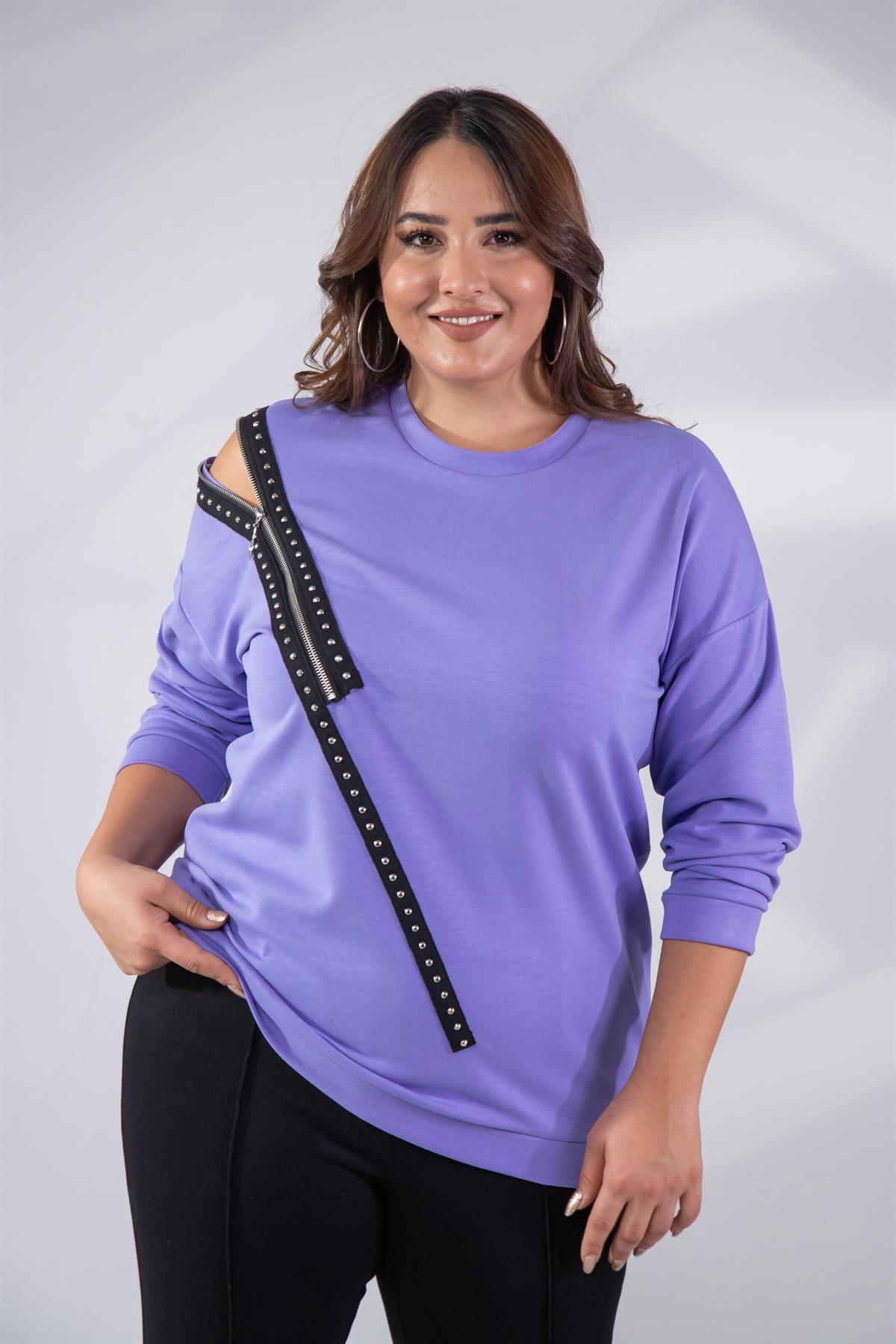 Büyük Beden 1222421 Fermuarlı Şertili Sweat  Lila