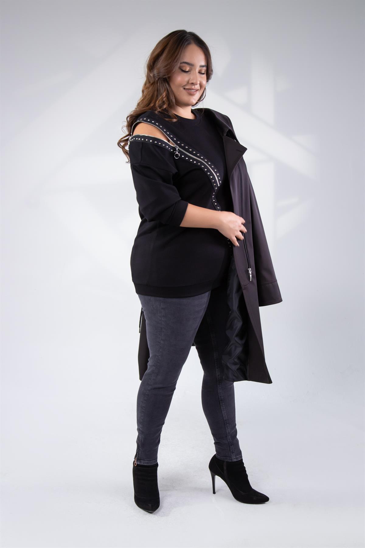 Büyük Beden 1222421 Fermuarlı Şertili Sweat  Siyah