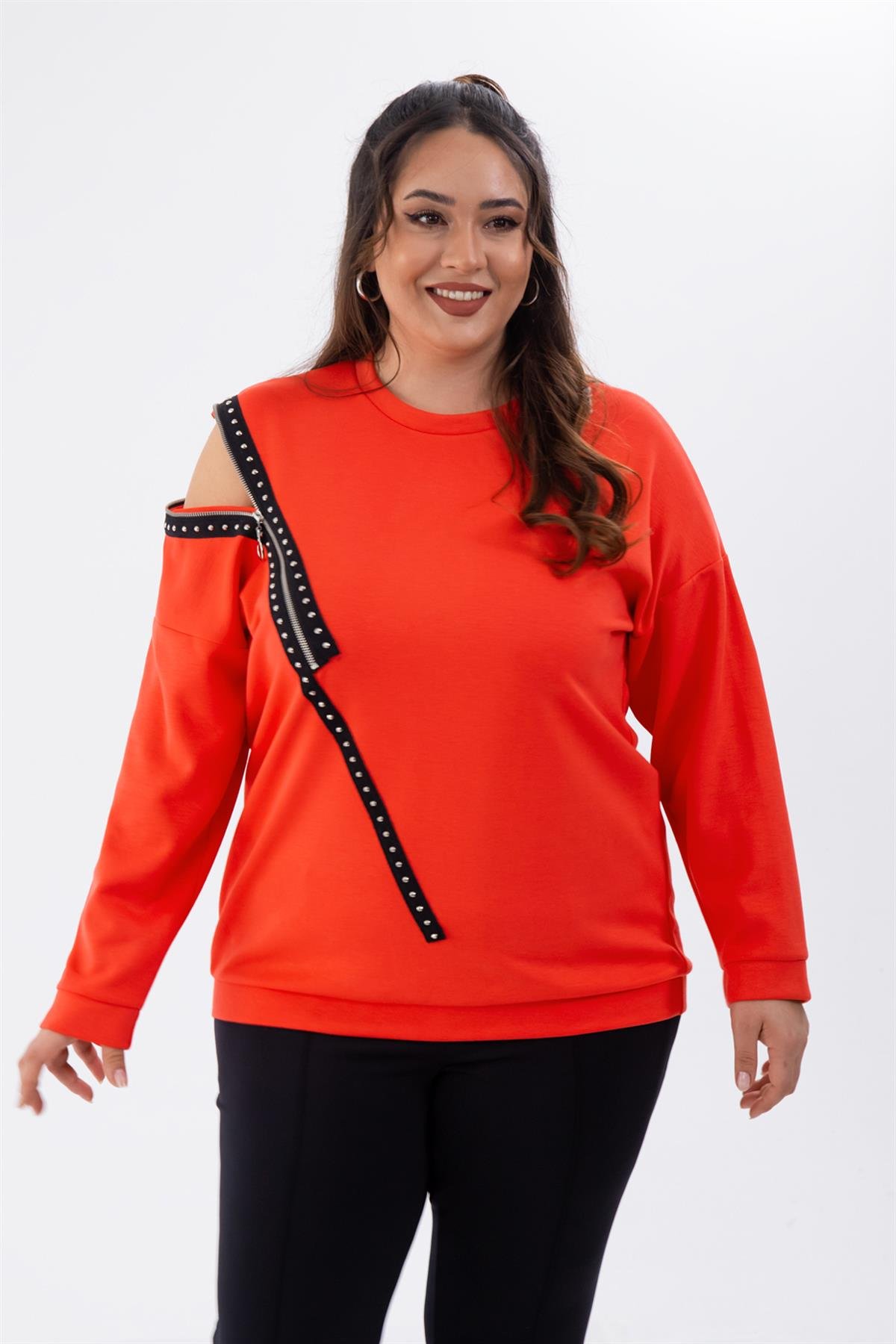 Büyük Beden 1222421 Fermuarlı Şertili Sweat  Kırmızı