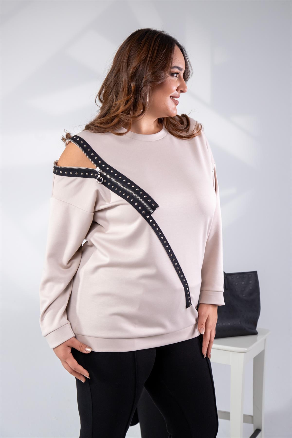 Büyük Beden 1222421 Fermuarlı Şertili Sweat  Bej