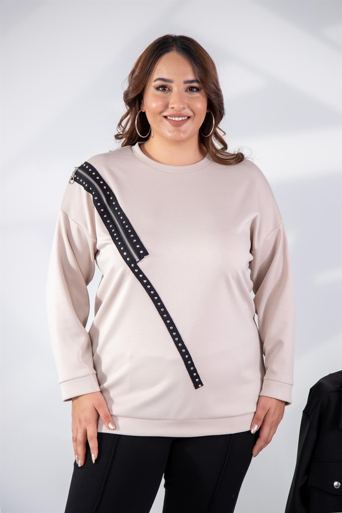 Büyük Beden 1222421 Fermuarlı Şertili Sweat  Bej
