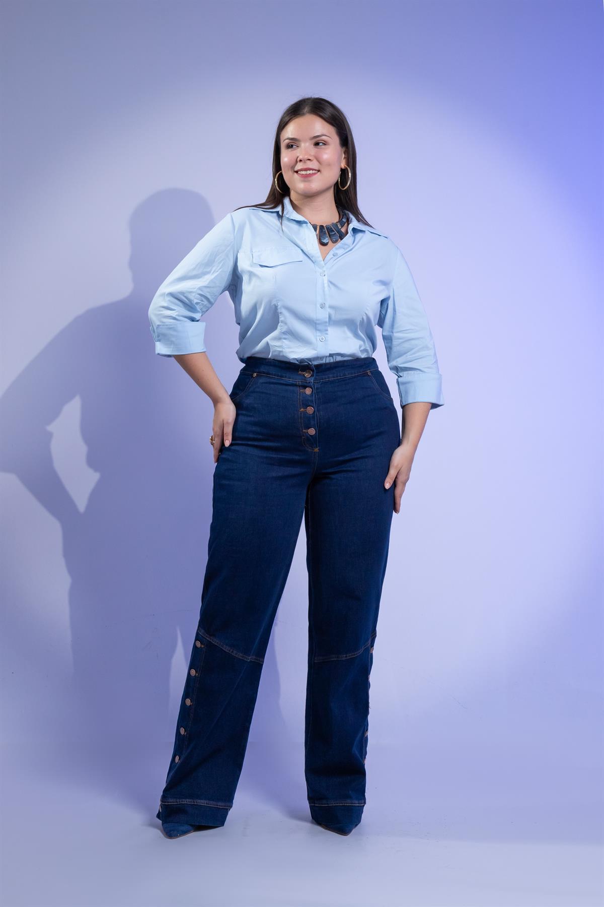 Büyük Beden 1222520 Düğme Detaylı Denim Pantolon Lacivert