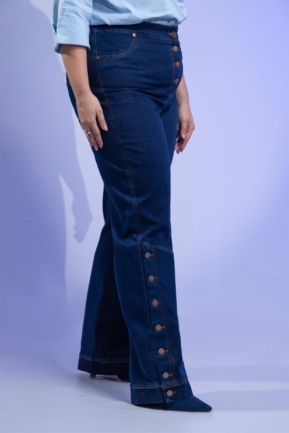 Büyük Beden 1222520 Düğme Detaylı Denim Pantolon Lacivert