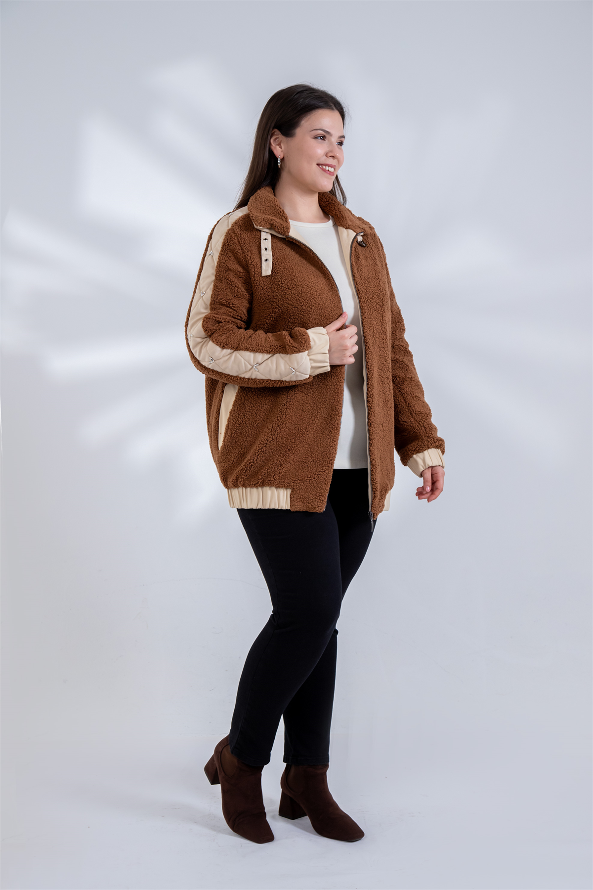 Büyük Beden 1222613 Peluş Ceket Kahverengi