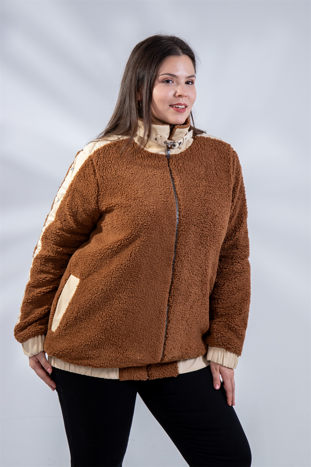 Büyük Beden 1222613 Peluş Ceket Kahverengi