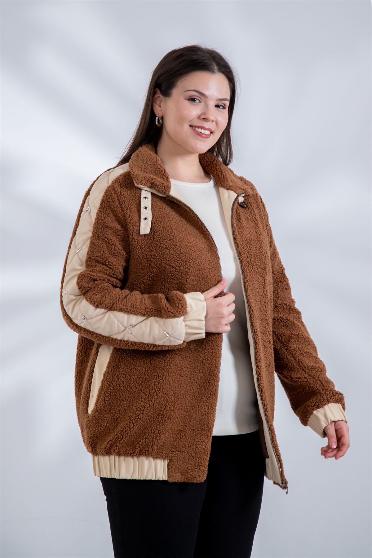 Büyük Beden 1222613 Peluş Ceket Kahverengi