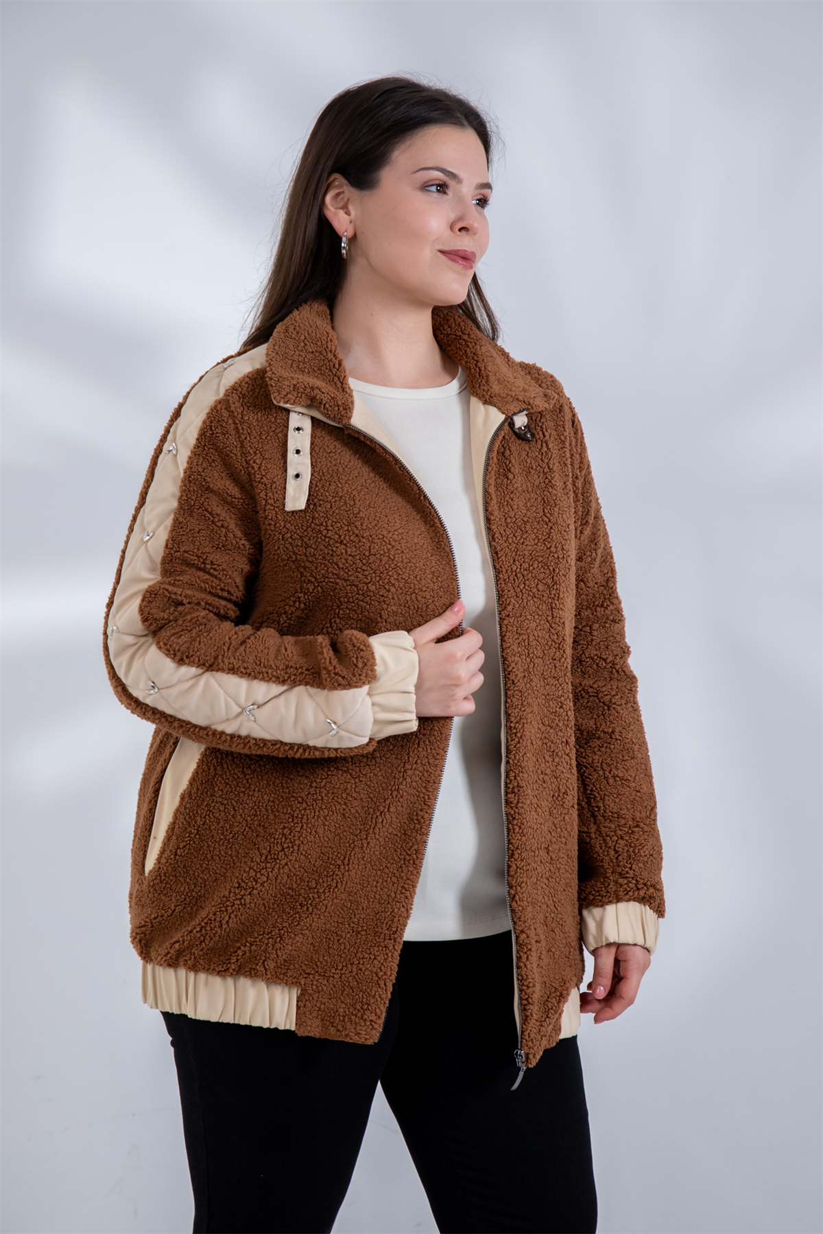 Büyük Beden 1222613 Peluş Ceket Kahverengi