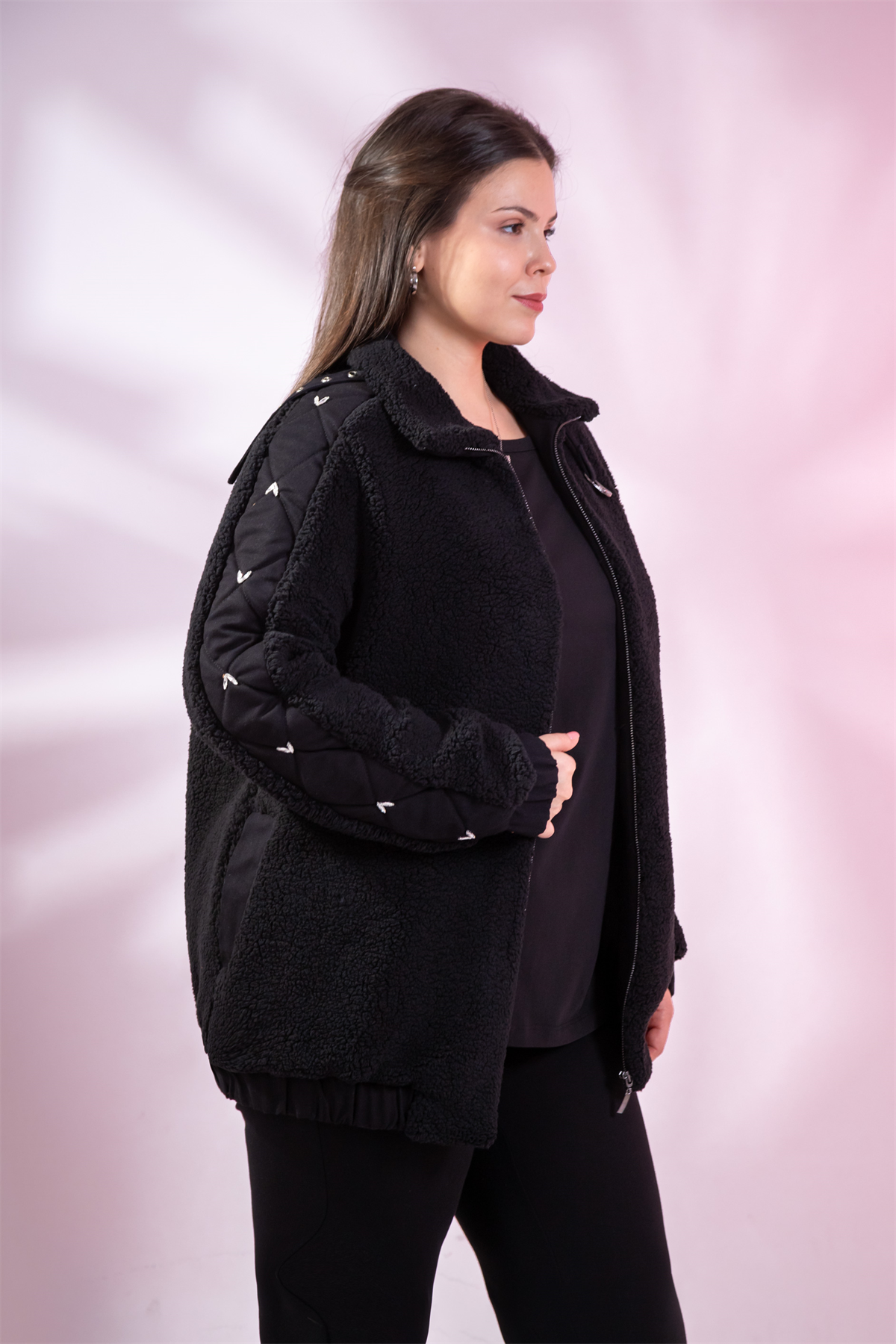Büyük Beden 1222613 Peluş Ceket Siyah