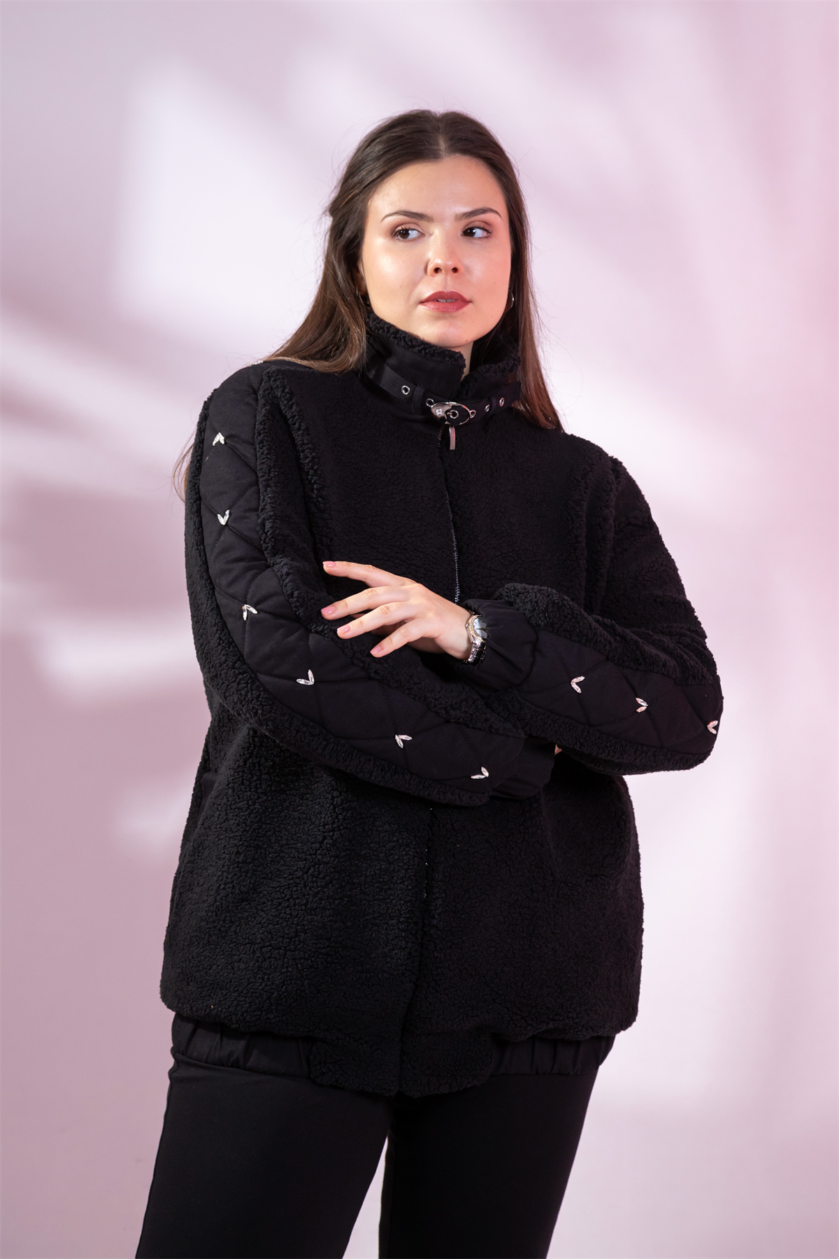 Büyük Beden 1222613 Peluş Ceket Siyah
