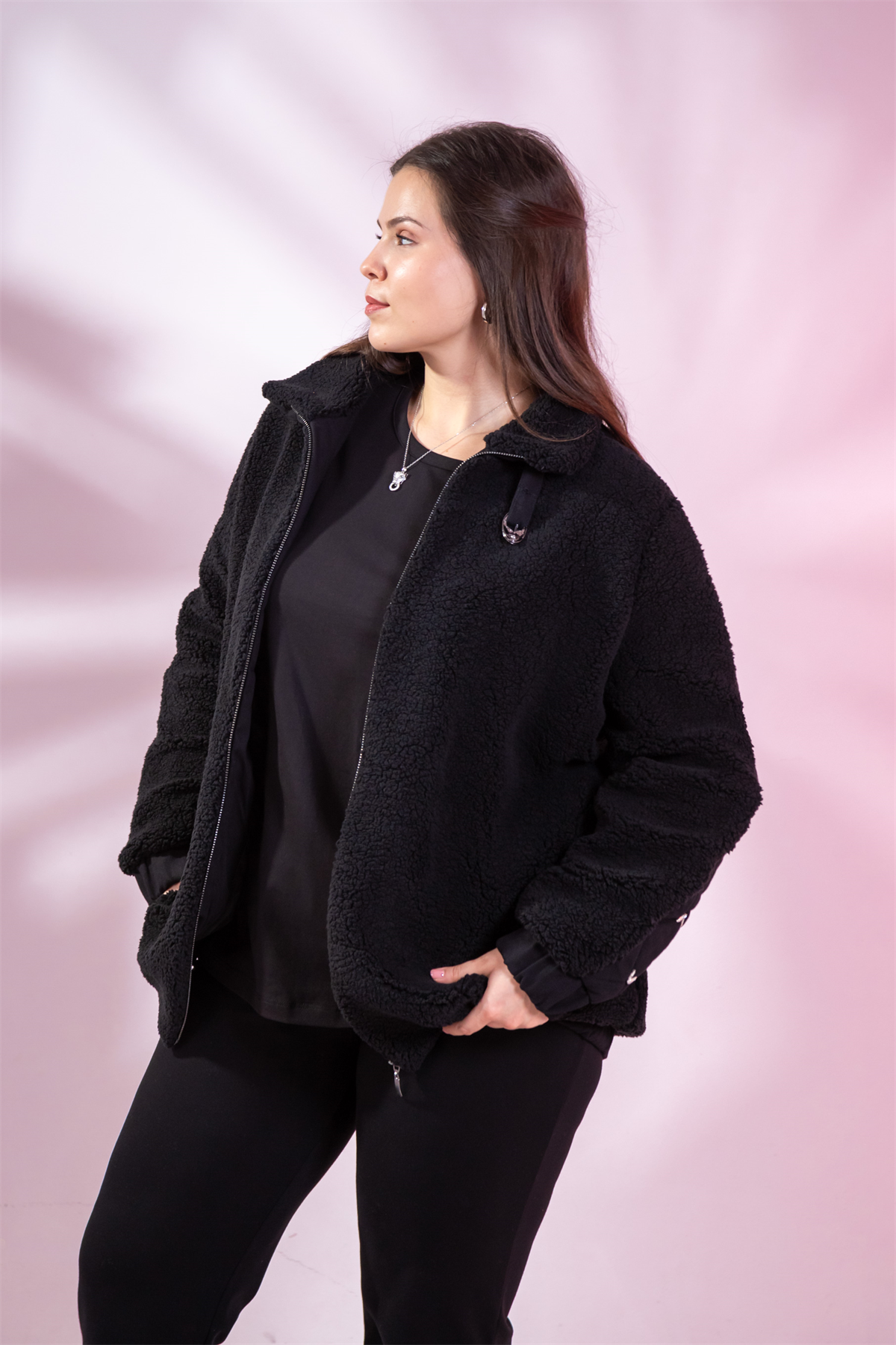 Büyük Beden 1222613 Peluş Ceket Siyah