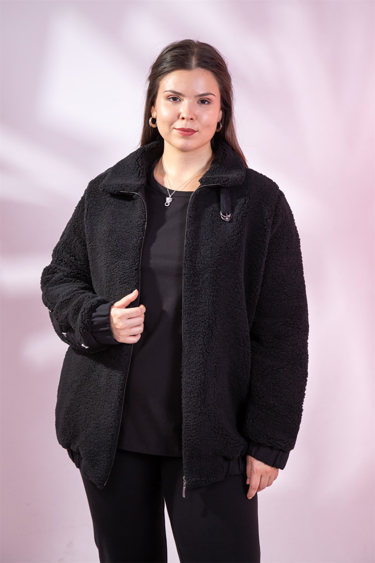 Büyük Beden 1222613 Peluş Ceket Siyah