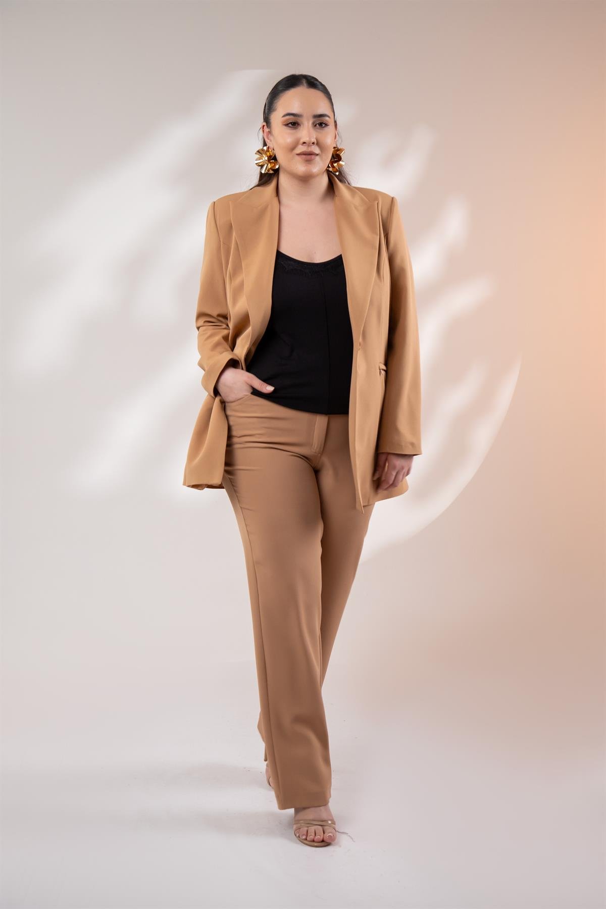 Büyük Beden 122262 Cep Fermuarlı Blazer Ceket Camel