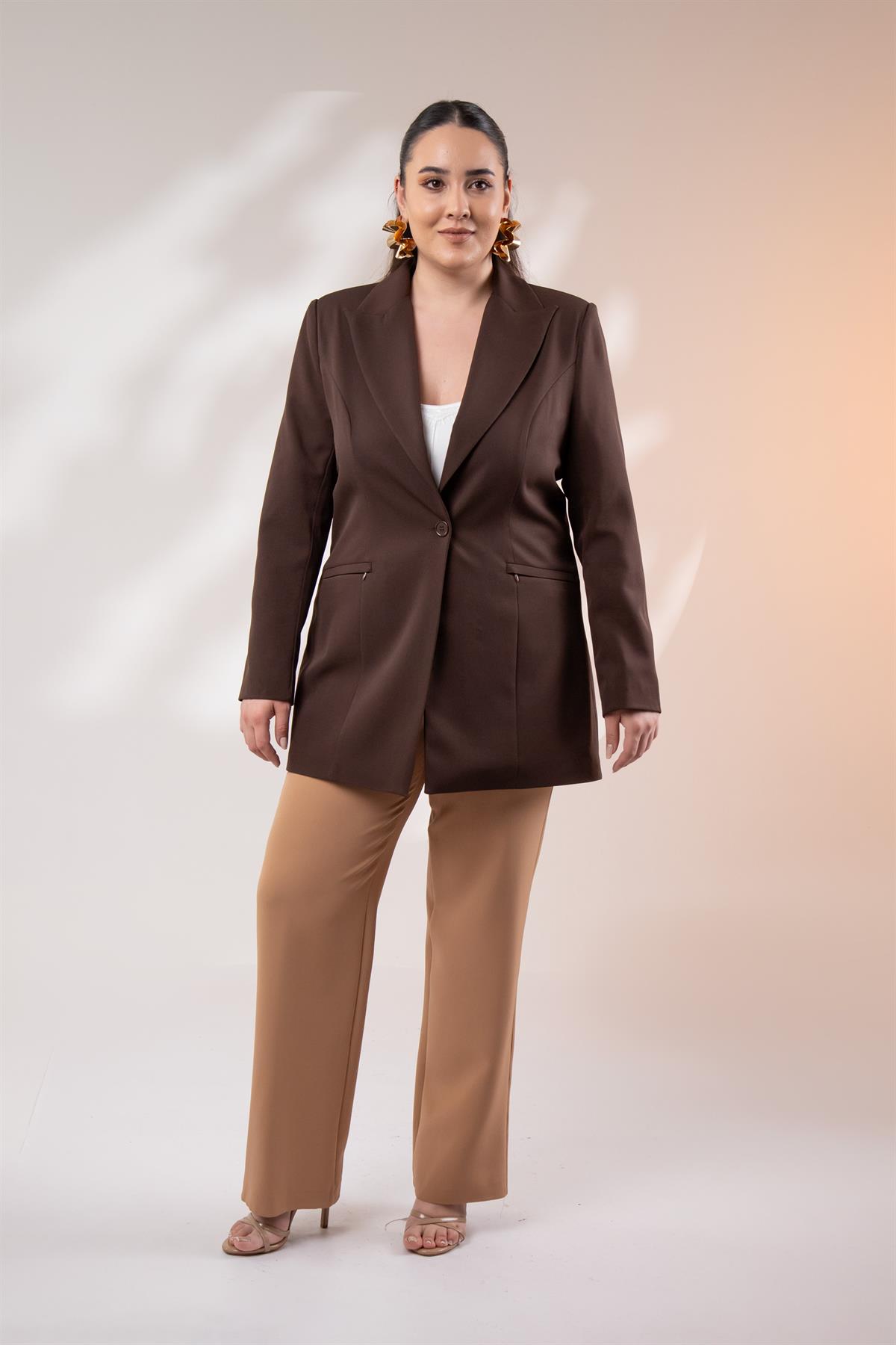 Büyük Beden 122262 Cep Fermuarlı Blazer Ceket Kahverengi