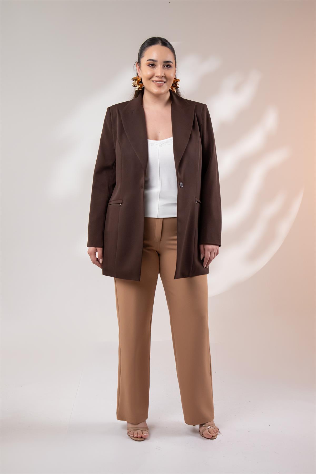 Büyük Beden 122262 Cep Fermuarlı Blazer Ceket Kahverengi