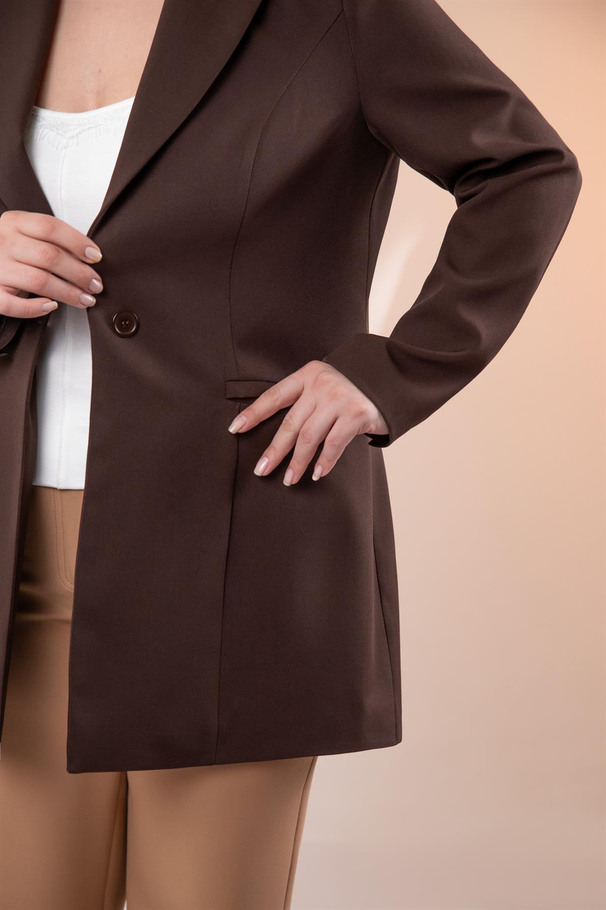 Büyük Beden 122262 Cep Fermuarlı Blazer Ceket Kahverengi