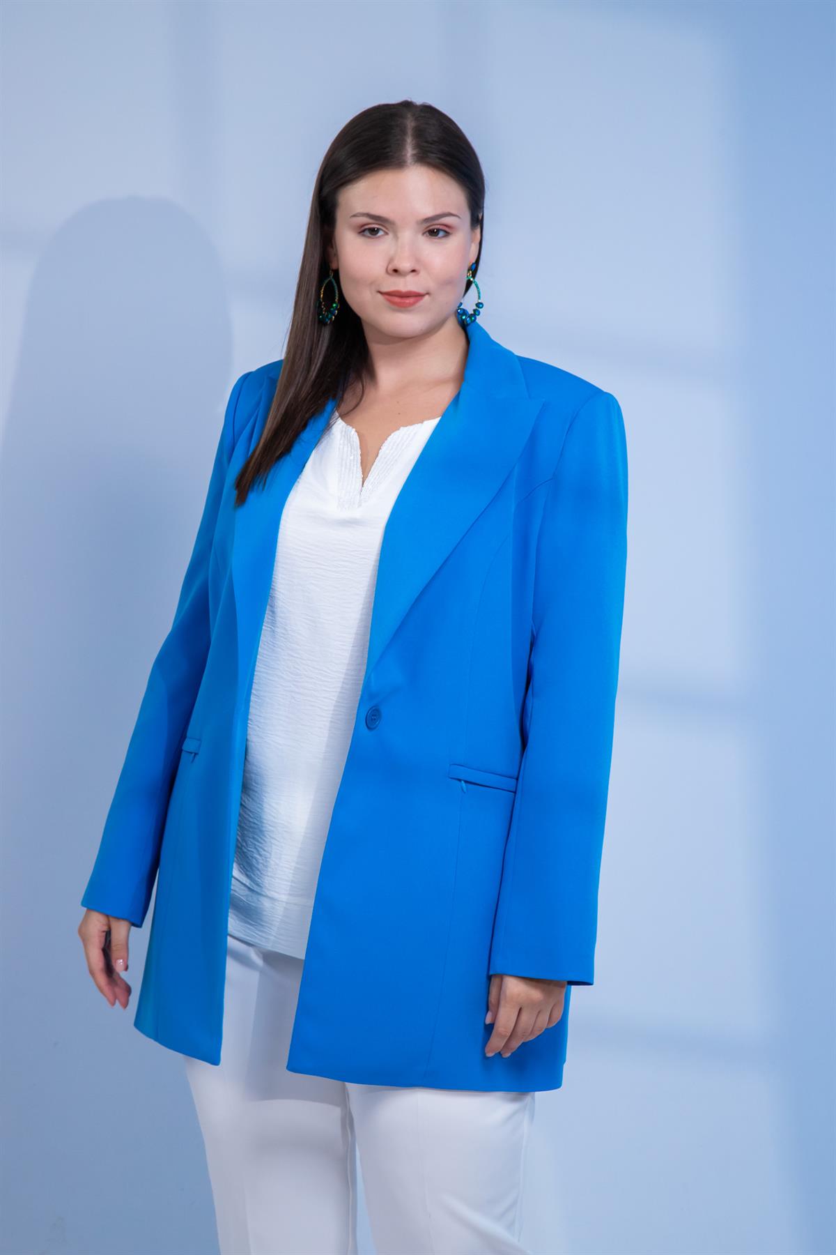 Büyük Beden 122262 Cep Fermuarlı Blazer Ceket Saks