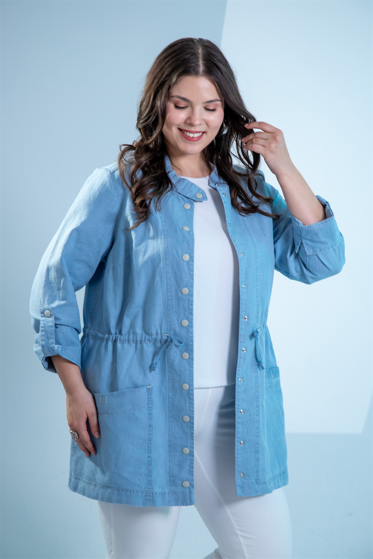 Büyük Beden 1222626 Bel Bağlamalı Denim Gömlek  Mavi