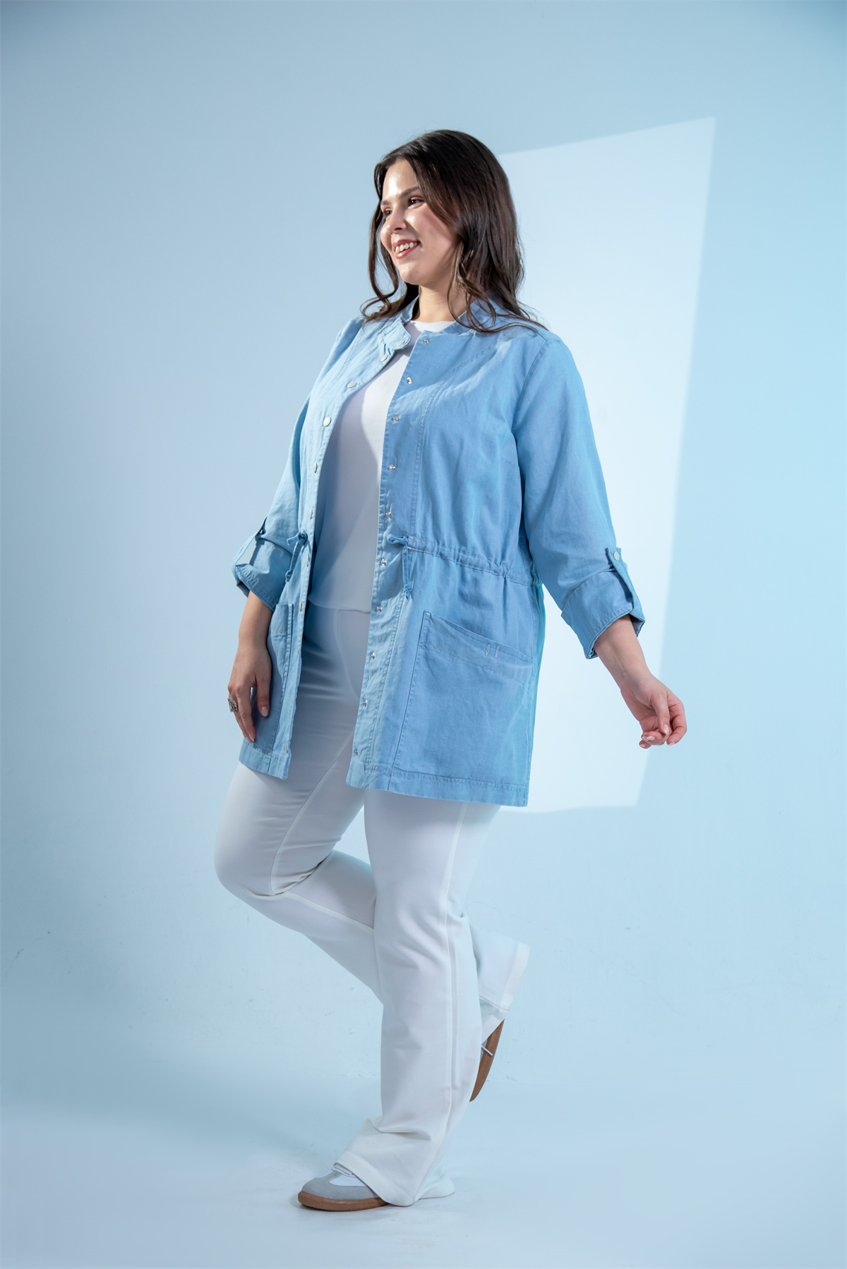 Büyük Beden 1222626 Bel Bağlamalı Denim Gömlek  Mavi
