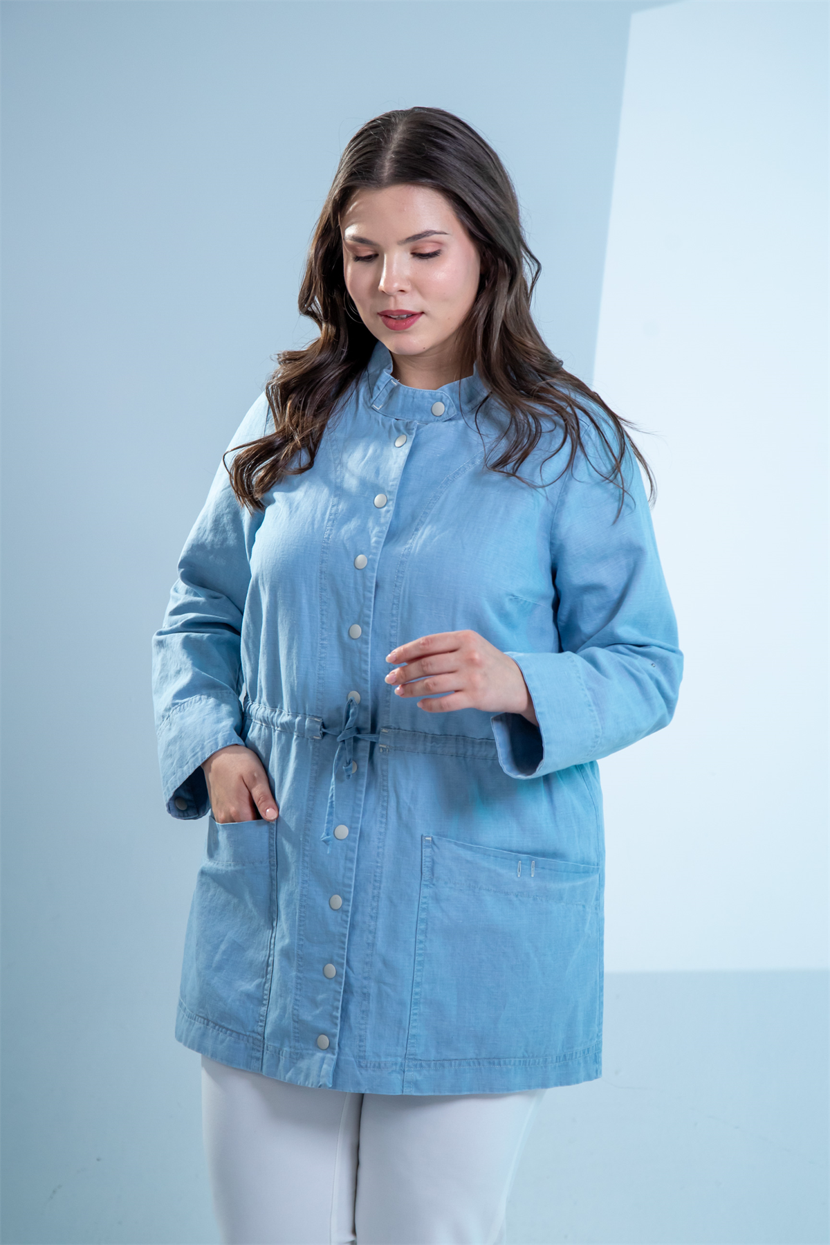 Büyük Beden 1222626 Bel Bağlamalı Denim Gömlek  Mavi
