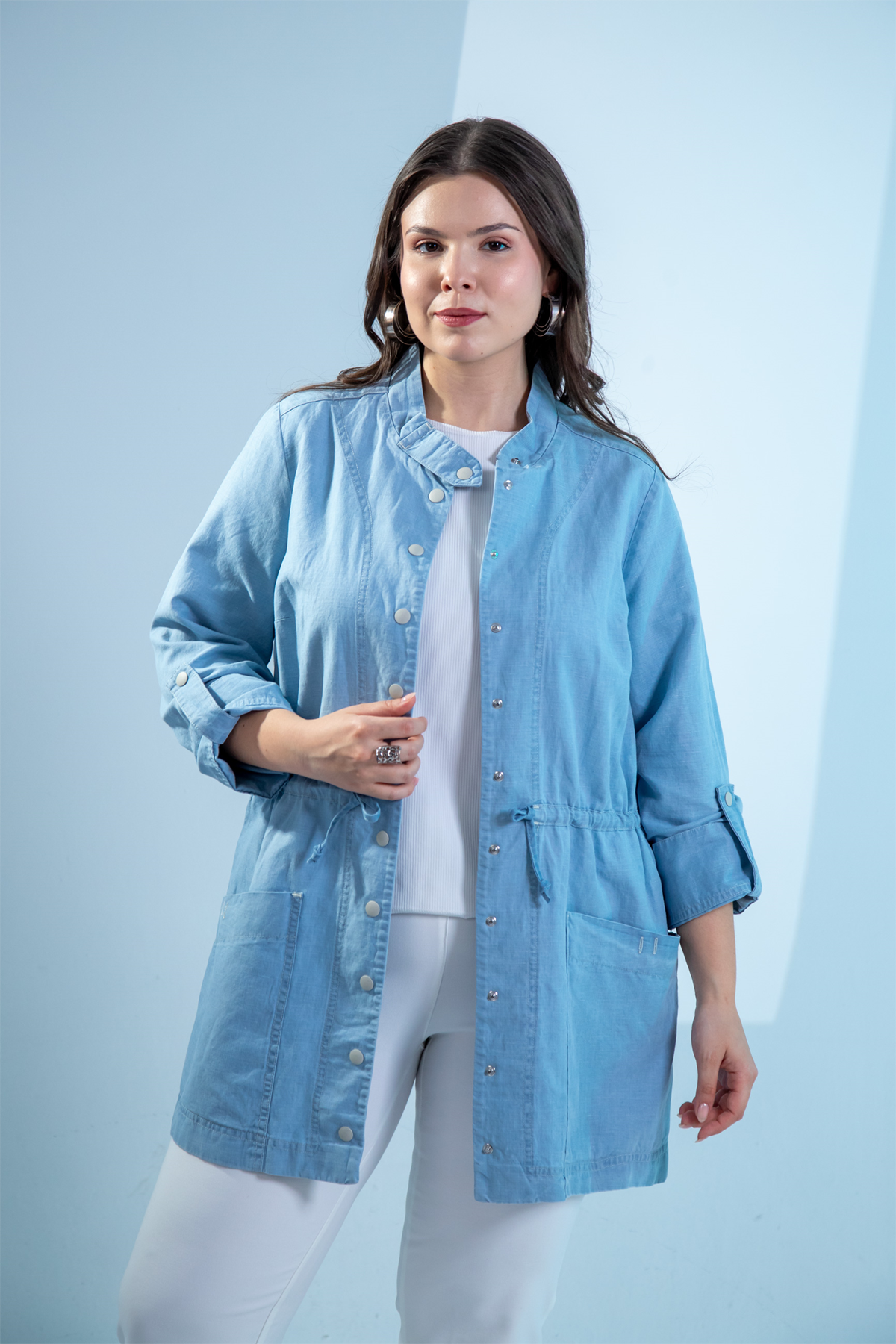 Büyük Beden 1222626 Bel Bağlamalı Denim Gömlek  Mavi