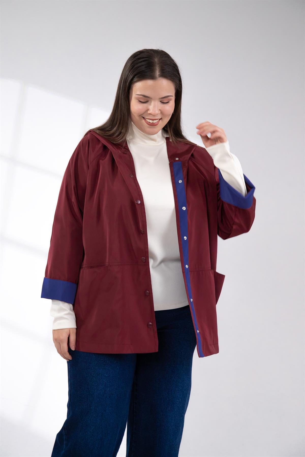 Büyük Beden 1222649 Çıt Çıtlı Yağmurluk Bordo