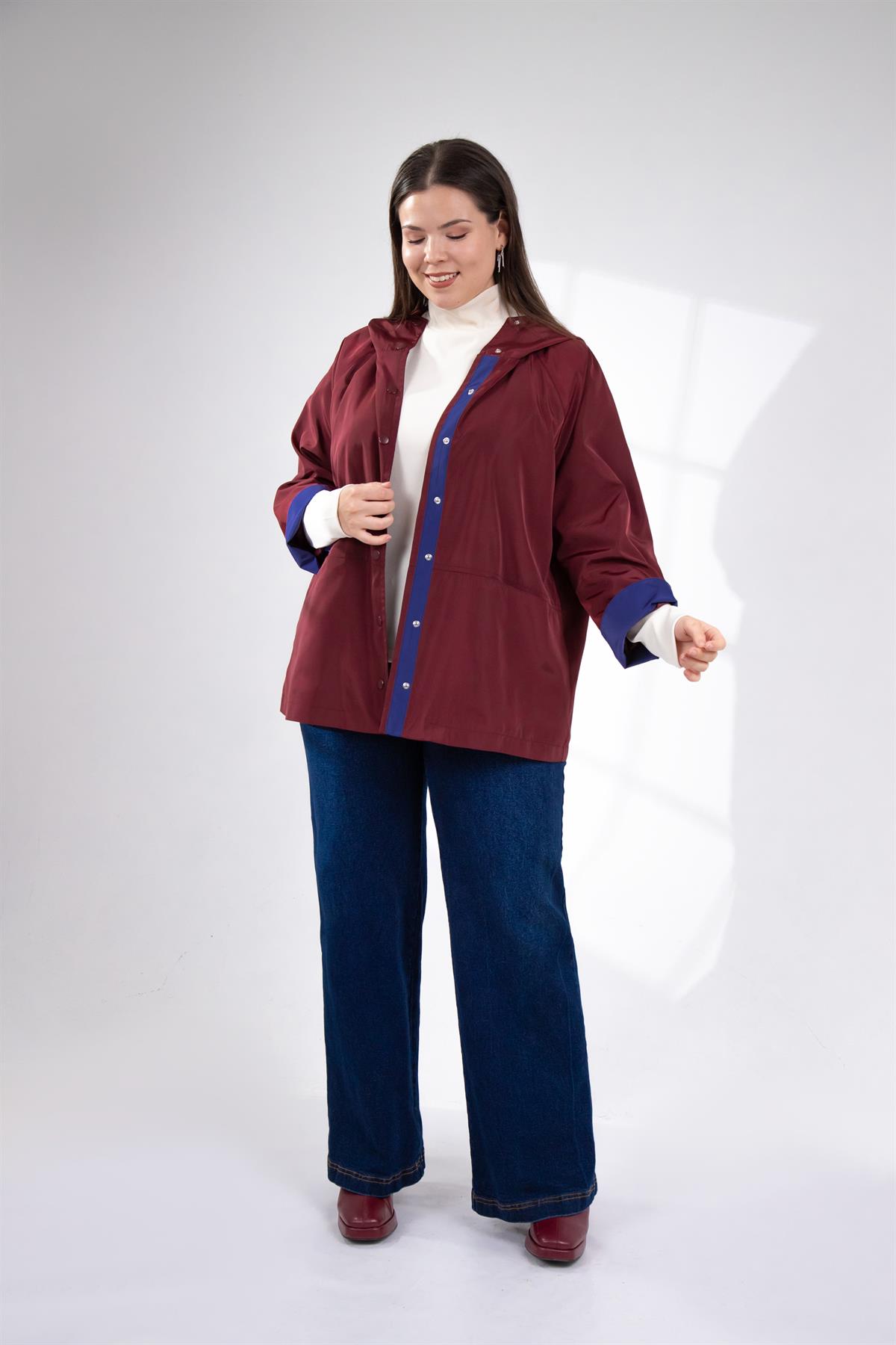 Büyük Beden 1222649 Çıt Çıtlı Yağmurluk Bordo